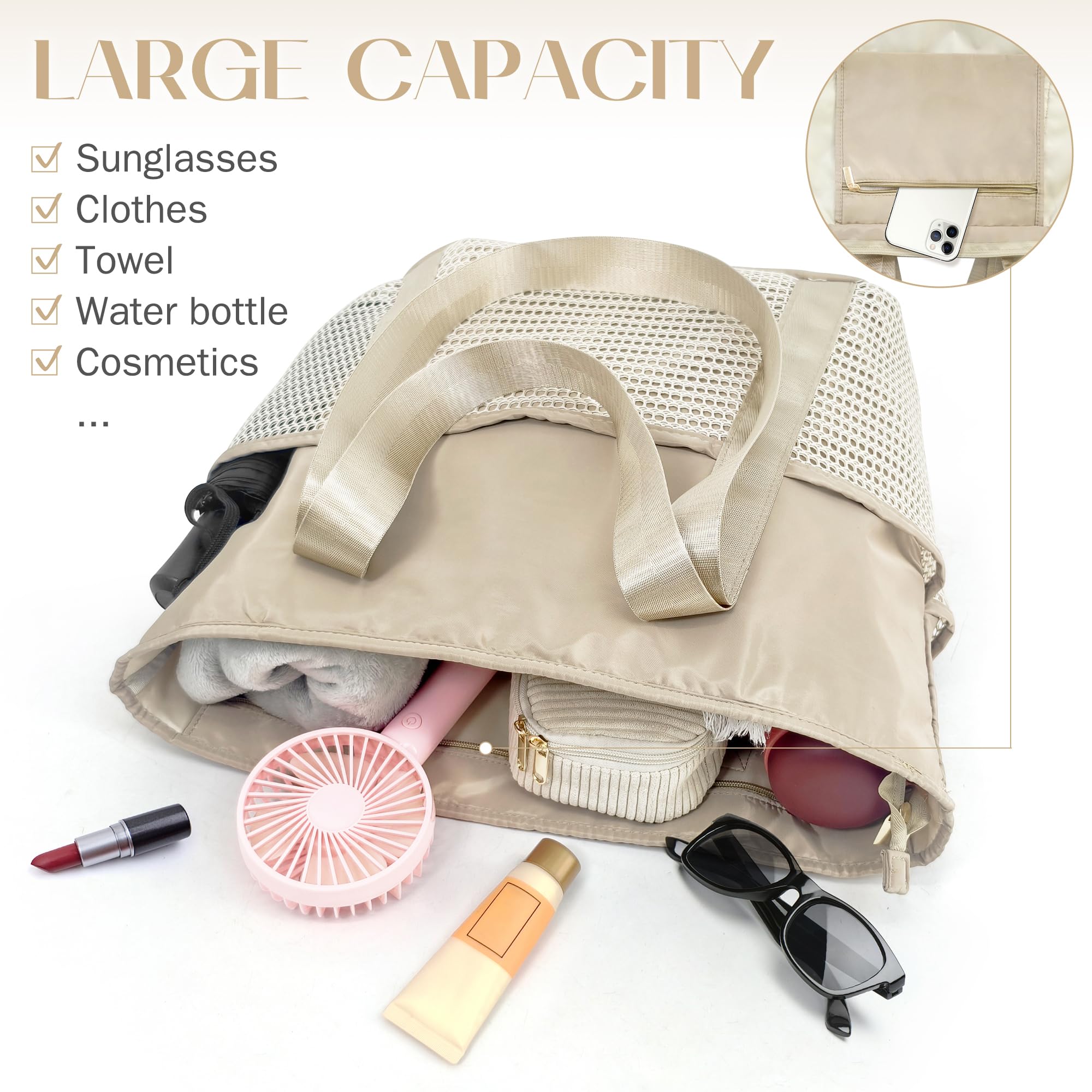 beifon Strandtasche XXL Familie mit Reißverschluss, Strandtasche Damen Große Wasserdicht Faltbar, Mesh Badetasche Beach Tote Bag Strand Tasche Shopper für Strand Reisen Urlaub
