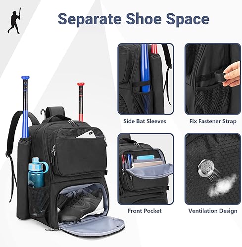 Miniatura 3 de DSLEAF Mochila de béisbol con 2 mangas de murciélago, bolsa de equipo de softbol para adultos con compartimento separado para zapatos, hasta 13 de