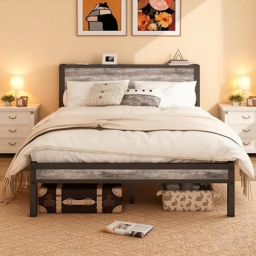 Miniatura 1 de DUMEE Base de cama Queen con cabecera de almacenamiento de madera, marcos de cama de plataforma de metal, tamaño Queen, no necesita somier, sin
