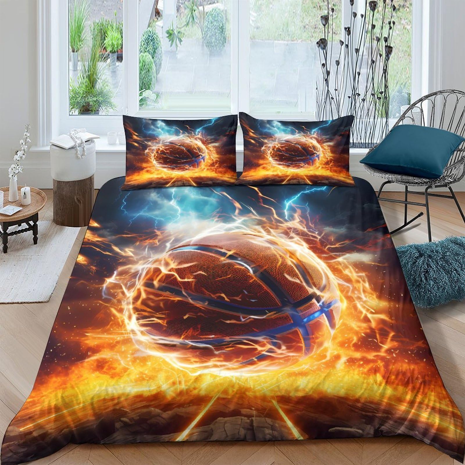Ctjqhvkz Style-3 3D Printed Fire Basketball Fitted Sheet Microfiber Orange Blue Lightning Mattress Cover For Bedroom Dorm Mattress Protection Decor Single（135X200cm）