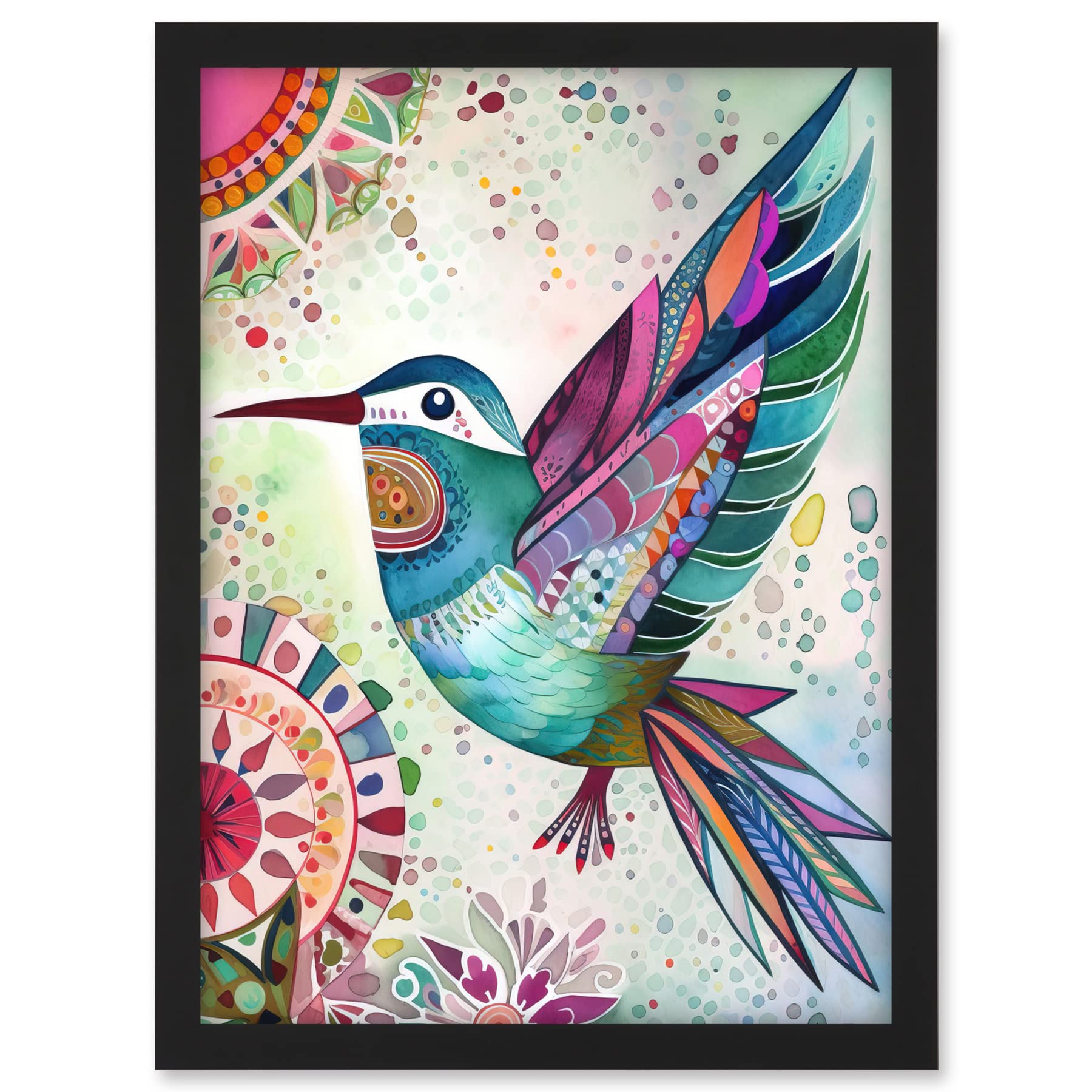 Artery8 Hummingbird With Multicolour Mandala Patterns Folk Art Watercolour Painting Artwork Framed A3 Wall Art Print