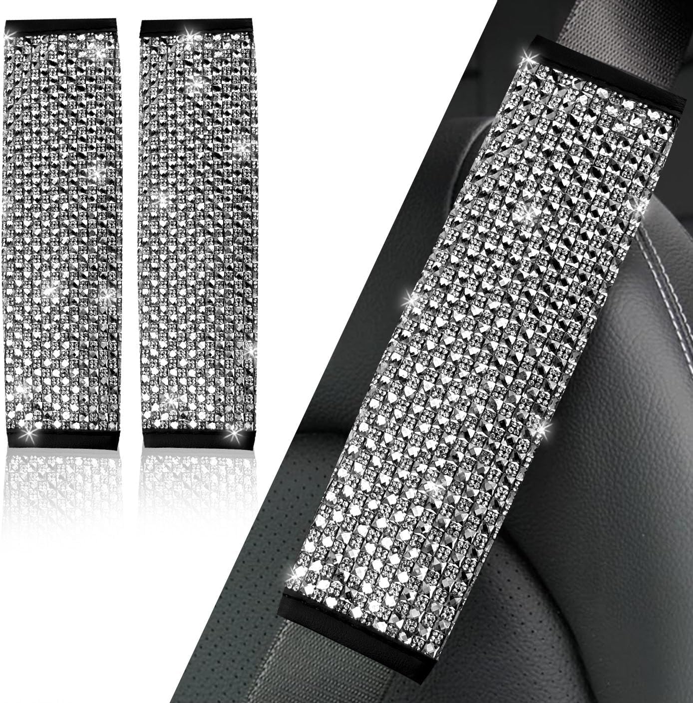 NBTEPEM 2 Pack Bling Car Seat Belt Covers, Diamond Seatbelt Shoulder Protection, Rhinestones Seat Belt Strap Cover Shoulder Pad, Universal Bling Car Interior Accessories Fit for Car/Truck/SUV(Silver)