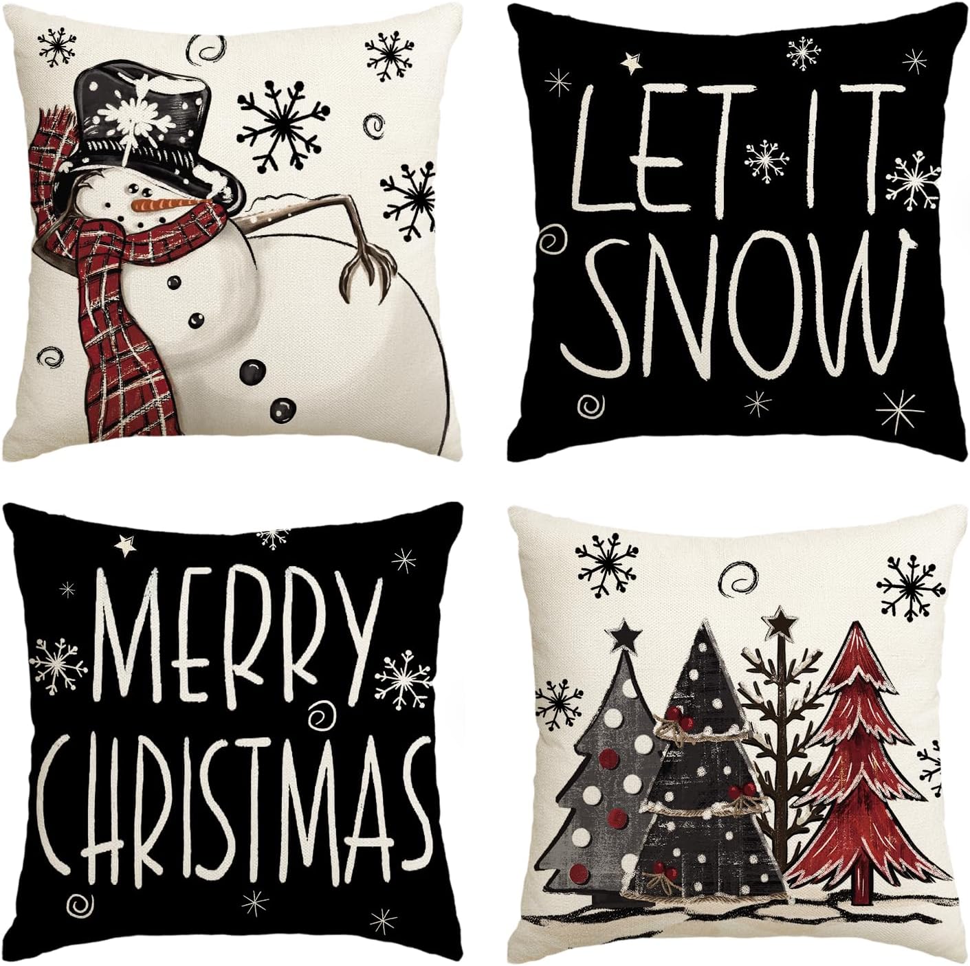 AVOIN colorlife Merry Christmas Snowman Let It Snow Throw Pillow Covers, 20 x 20 Inch Xmas Tree Winter Holiday Cushion Case Decoration for Sofa Couch Set of 4