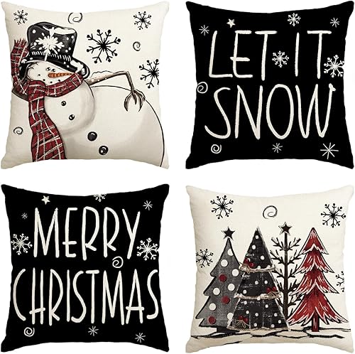 AVOIN colorlife Juego de 4 fundas de almohada con diseño de muñeco de nieve con texto en inglés Merry Christmas con diseño de muñeco de nieve Let It