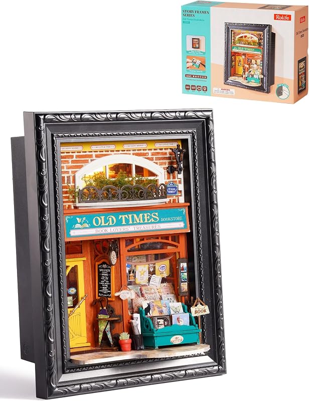 Rolife 3D Diorama Frame, Wall-Mounted Shadow Box & Dollhouse Display Case for & Christmas Decor, Unfinished Kit Beginner-Friendly Craft Kits, Christmas Memorial Gift for Families (Old Times Bookstore)