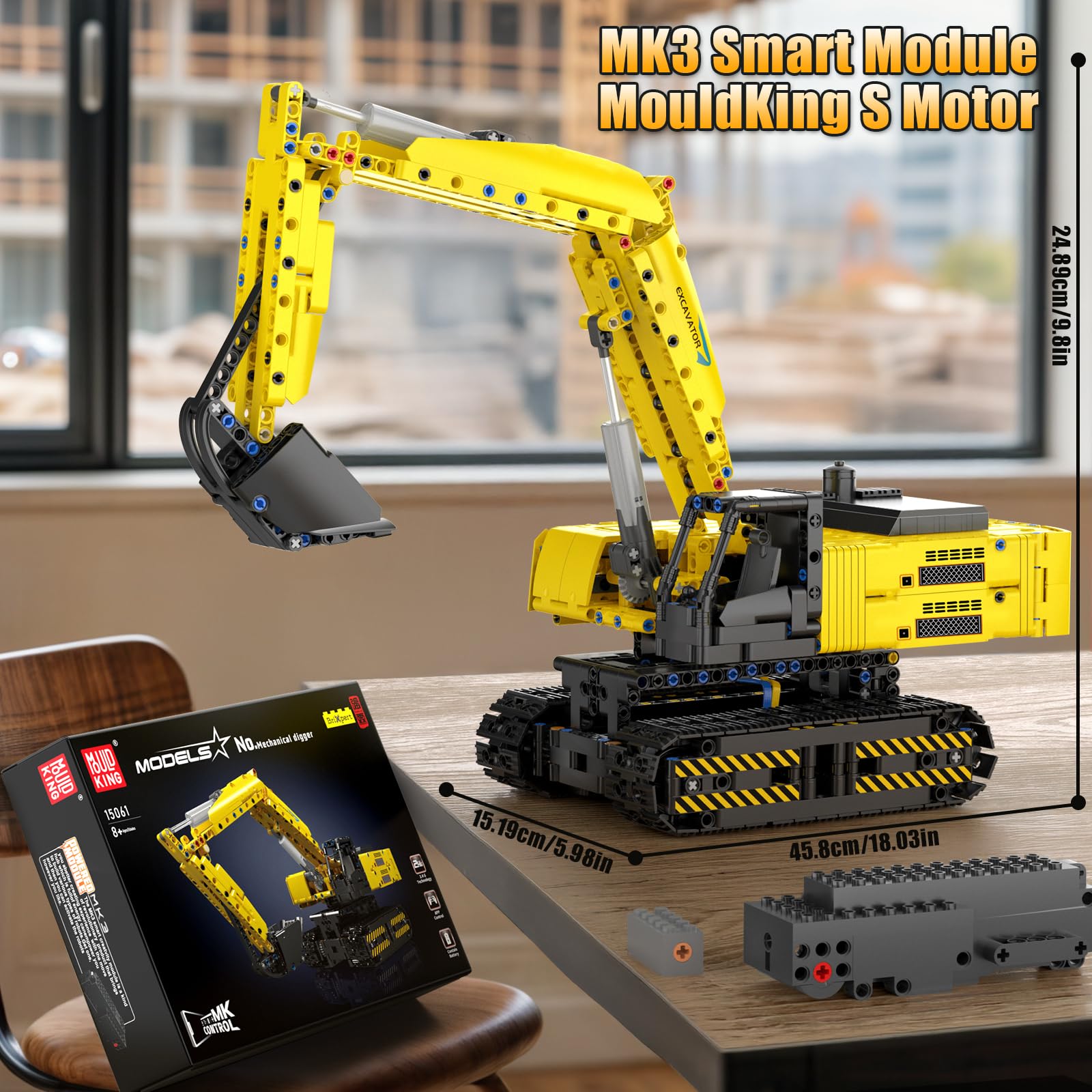 Mould King Technik Bagger Bausatz, 15061 Ferngesteuerter RC Excavator Modell mit Motor und Klemmbausteine, High-Tech Motorisierter LKW-Modell Klemmbausteine für Jugendliche ab 14 Jahren(1113 Teile)