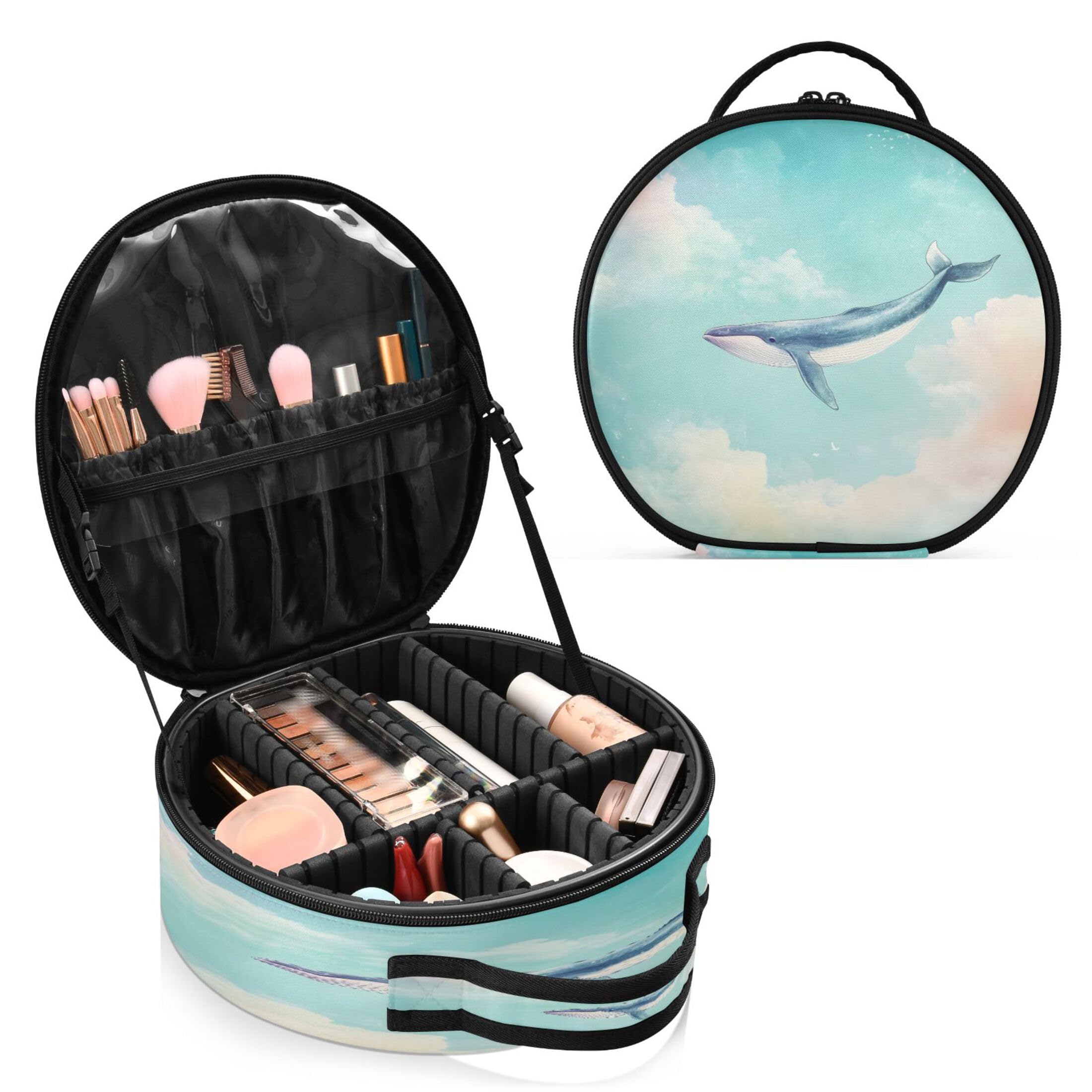 Takiito Whale Floating in The Sky Travel Makeup Case Portable Makeup Box Artist Cosmetic Case Organizer With Adjustable Dividers