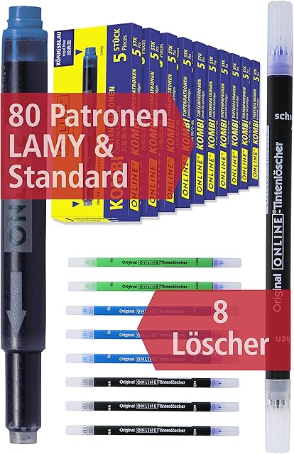 ONLINE ValuePack Ink Refills & Ink Eraser | 80 universal fountain pen ink cartridges | royal blue pen ink, erasable, washable | 8x ink eraser for erasing and overwriting