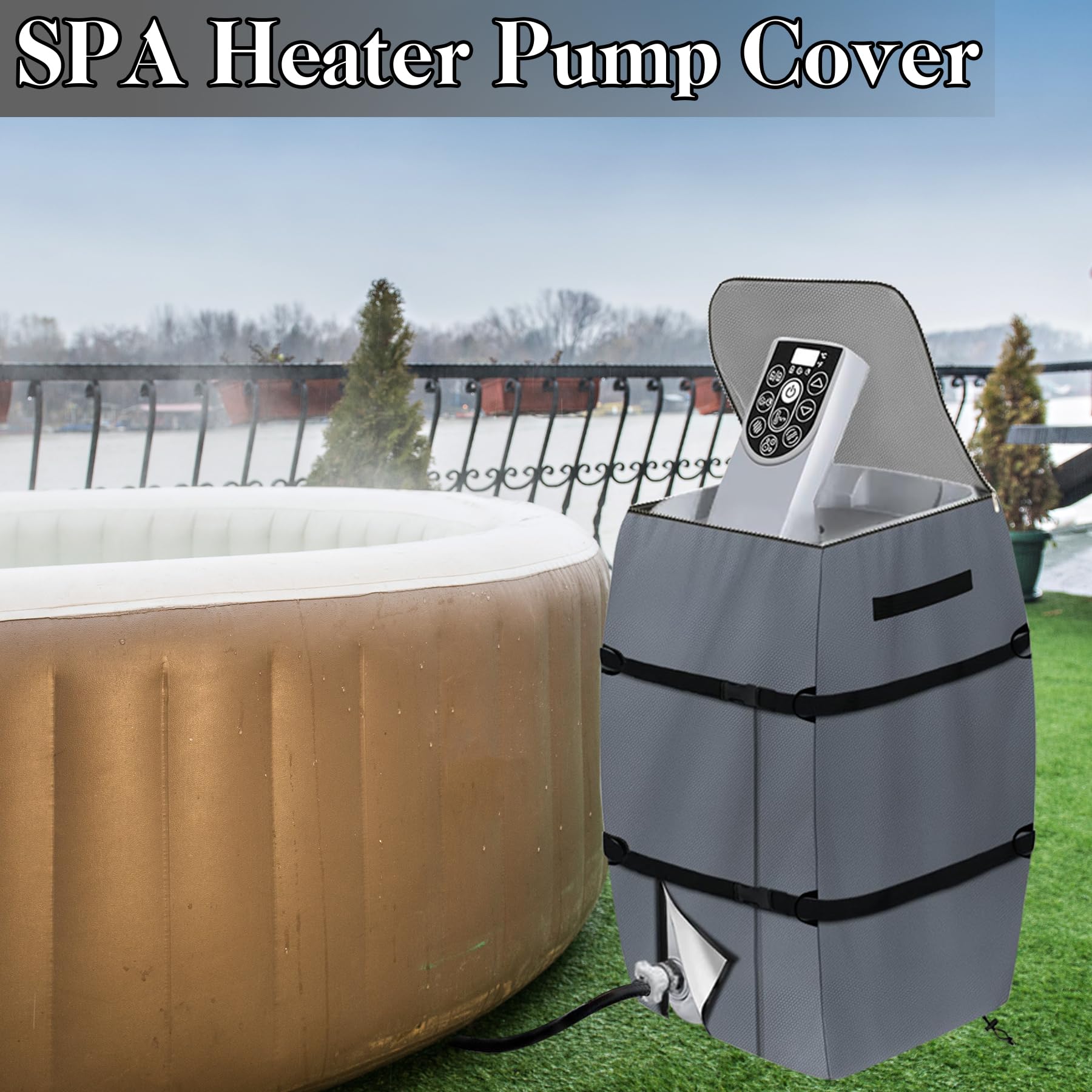 TZEKING Housse De Chauffage pour Spa Imperméable, Ajustable et Pliable - Couvercle De Pompe avec Cordon et Boucle - 5