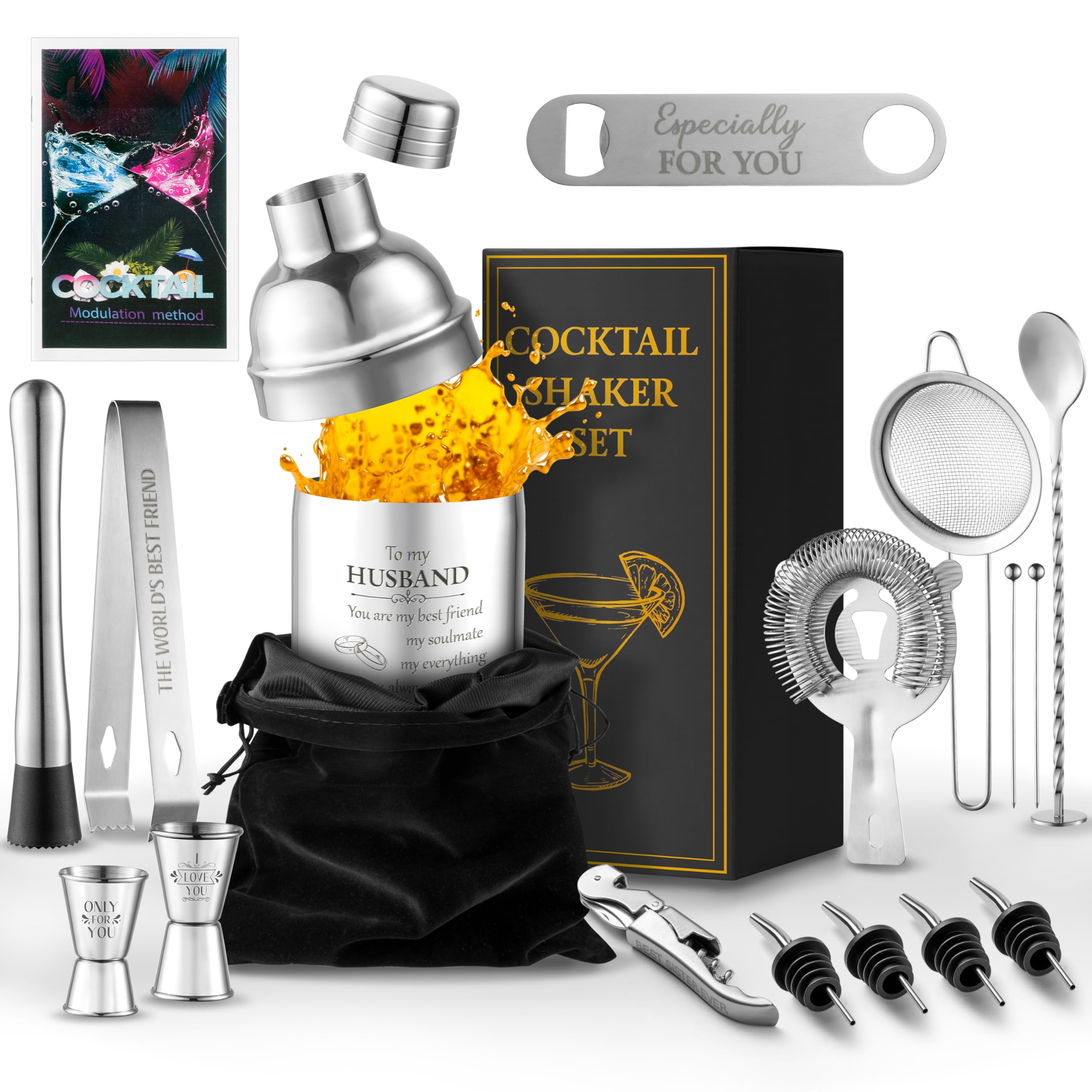 R HORSE 19Pcs Cocktail Shaker Set Portable Bartender Kit Birthday Idea Gift for Husband Pro Drink Shakers Cocktail Set Lovers Party Gift Martini Shaker Party Mixing Set for Birthday The End of Year