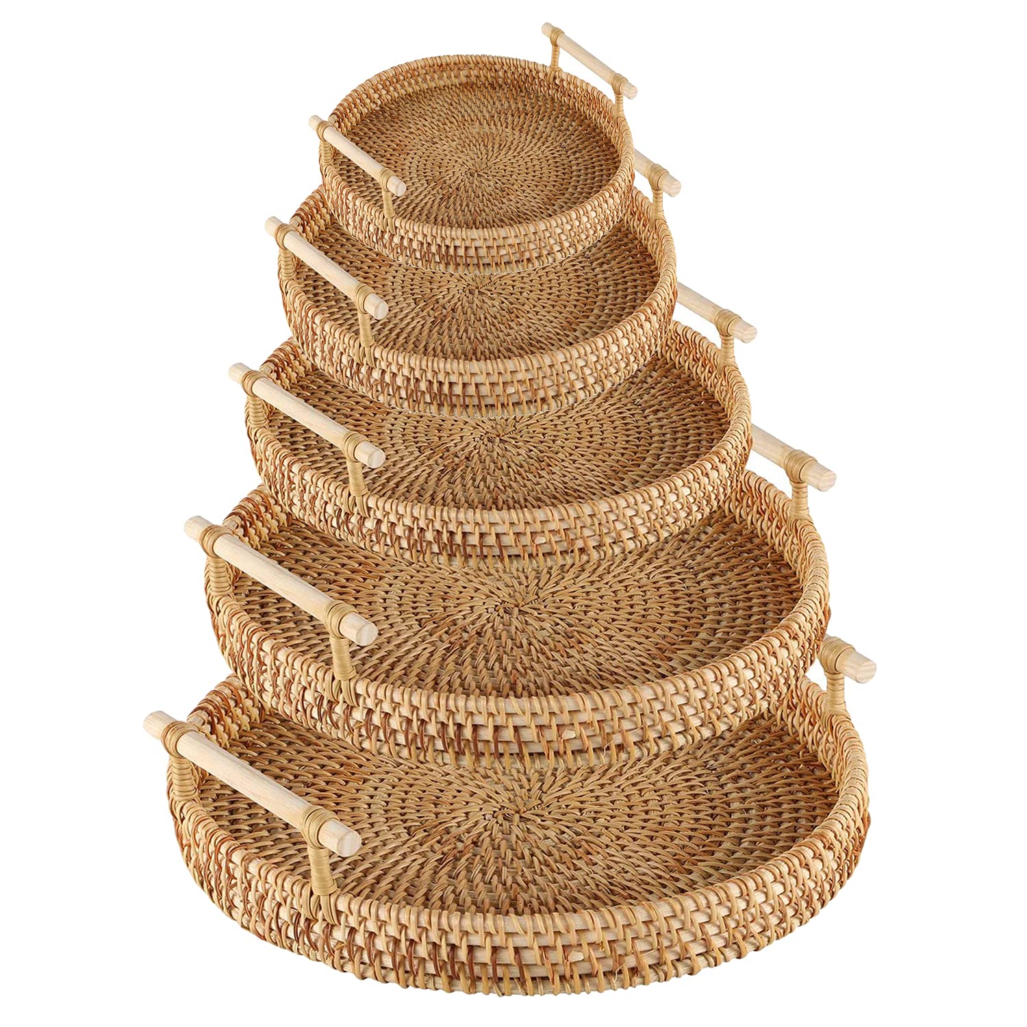 RO Round Serving Tray, Handmade Rattan Round Woven Basket, Woven Bread Baskets with Handles Round Cracker Tray, Wicker Tray Basket Tray for Bread Fruit Food Coffee Breakfast Display (5-Piece set)