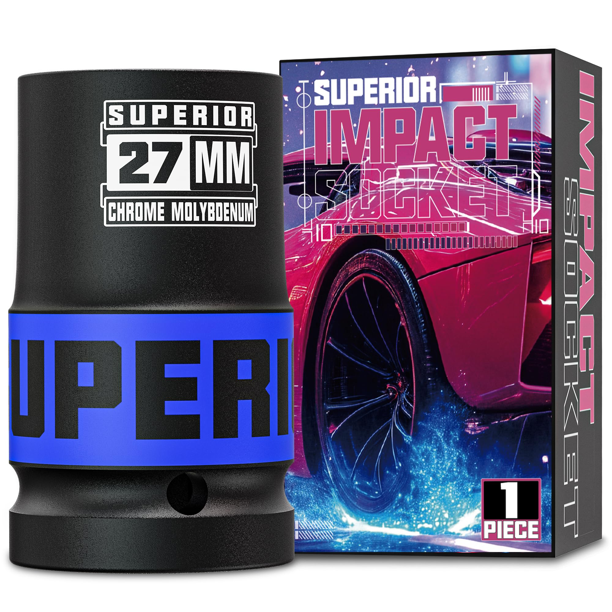 1" Drive Impact Socket, 27 mm Deep Socket, Metric Axle Nut Socket, 6 Point, CR-MO, Automotive, Truck Maintenance, Heavy Equipment Repair