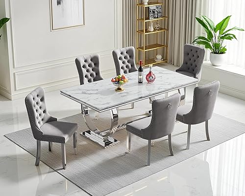 Juego de mesa de comedor de mármol sintético de 70 pulgadas para 6, mesa de comedor blanca y plateada con pedestal de acero inoxidable y 6 sillas de