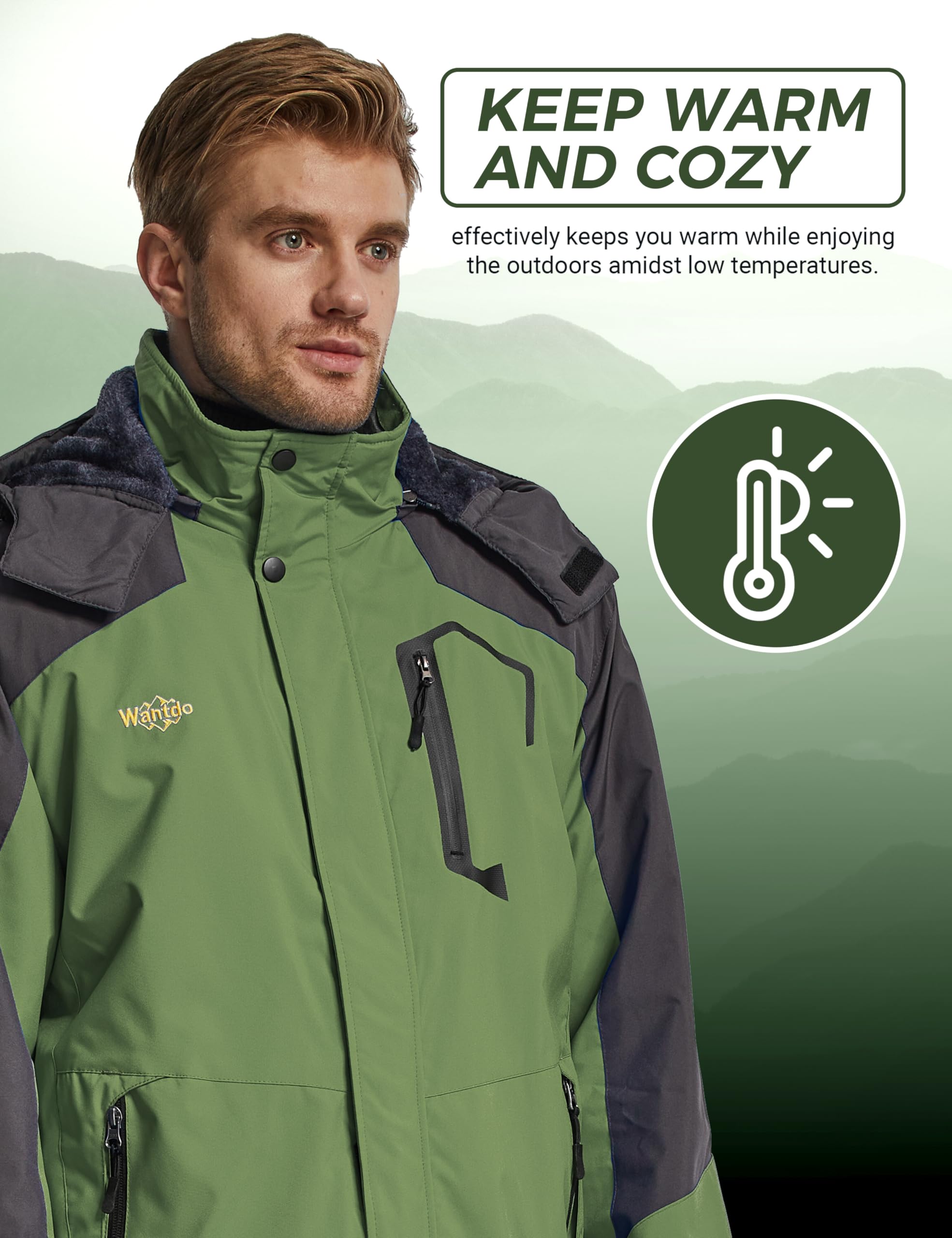 Wantdo Giacca da Sci Montagna Calda Invernale Parka da Neve Imbottita Cappotto da Snowboard in Pile Giubbotto con Cappuccio Impermeabile Uomo