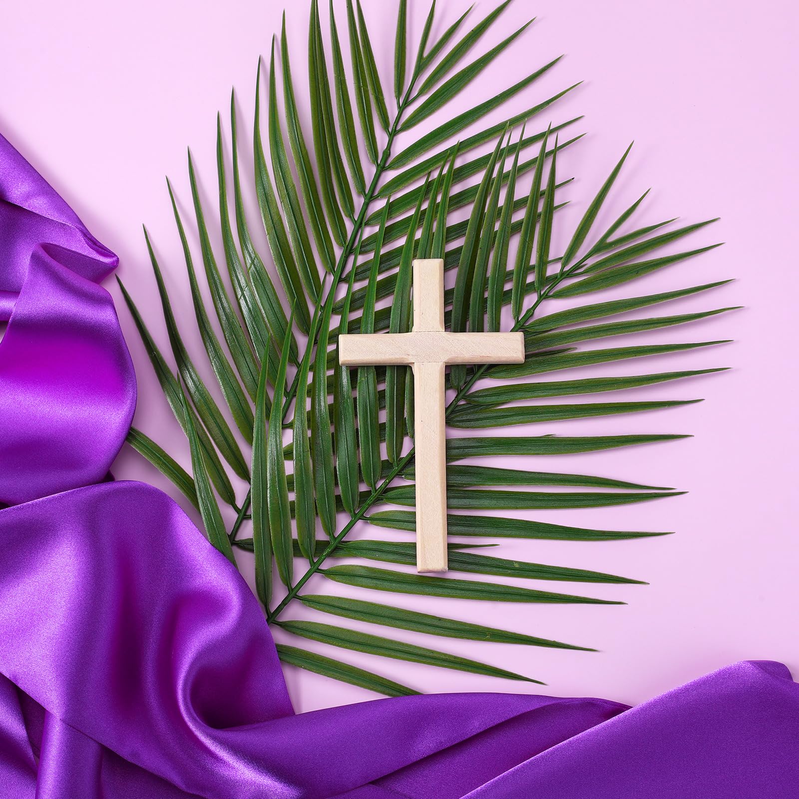 Harrycle 6 Pcs Easter Palm Sunday Decoration Set Including 4 Artificial Palm Branches 1 Cross and 1 Purple Mantle for Palm Sunday Church Arrangement Party Decoration Home