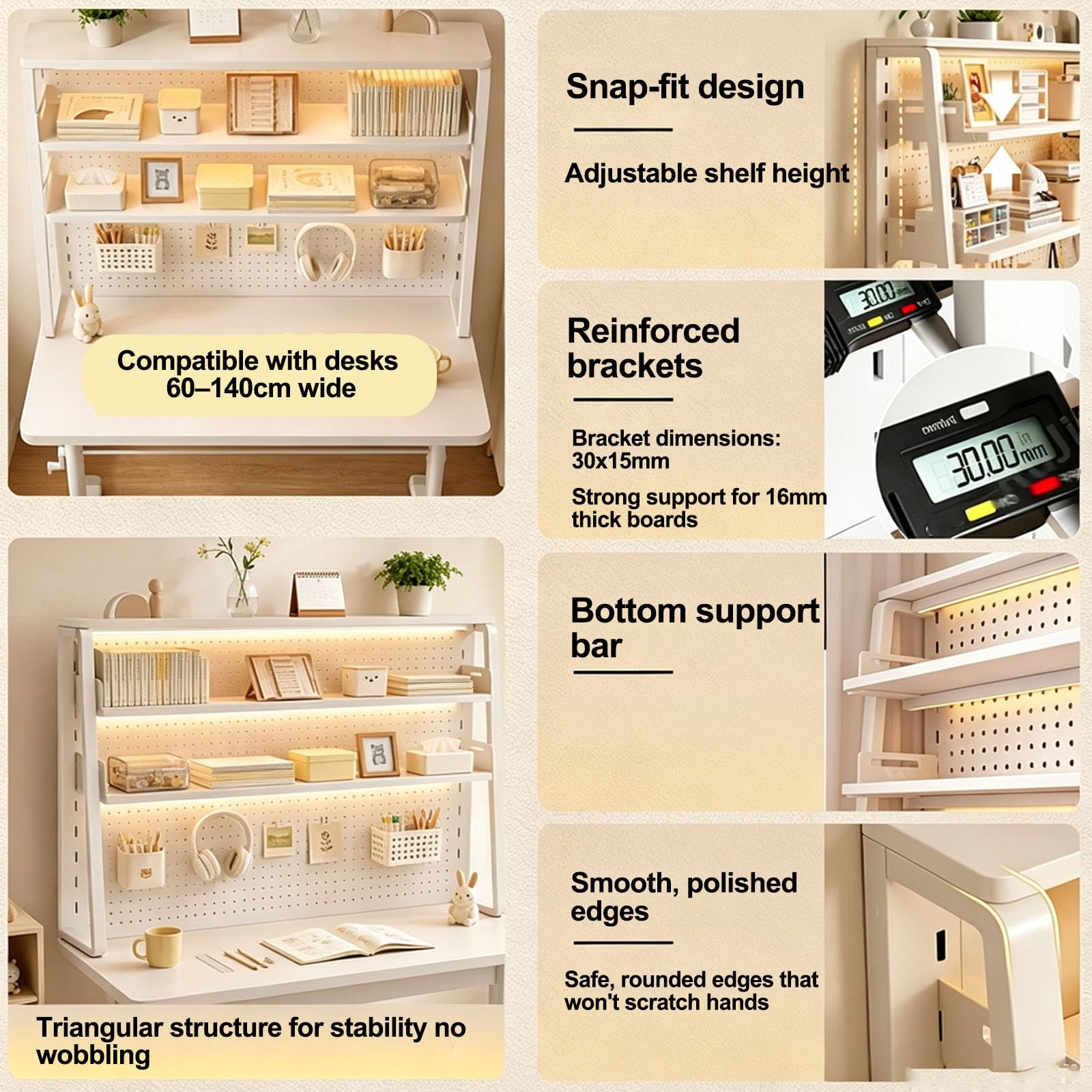 Estantería de Escritorio Blanca con Panel Perforado Organizador Mesa | Estante de escritorio blanco panel perforado de metal, accesorios para colgar y gran capacidad(2-tier,L60cm/23.6'')