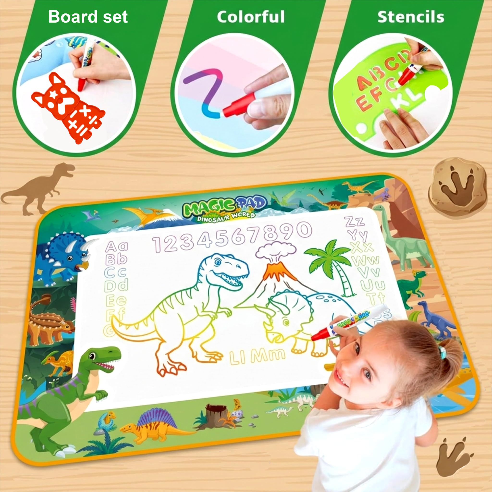 SNAPTRON 80 X 60cm Reusable Magic Water Dinosaur Drawing Mat| Big Doodle Mat for Kids| Drawing Mat, Water Doodle for Kids with 3 Magic Pen, Doodle Books & 6 Stencils| Gifts for Girls Boys Age 2 to 7 — Amazon image 2