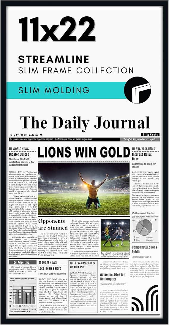 Americanflat 11x22 Newspaper Frame with Polished Plexiglass - Display for Assorted Media Articles - Streamline Collection - Thin Border Picture Frame for Wall Display - Black