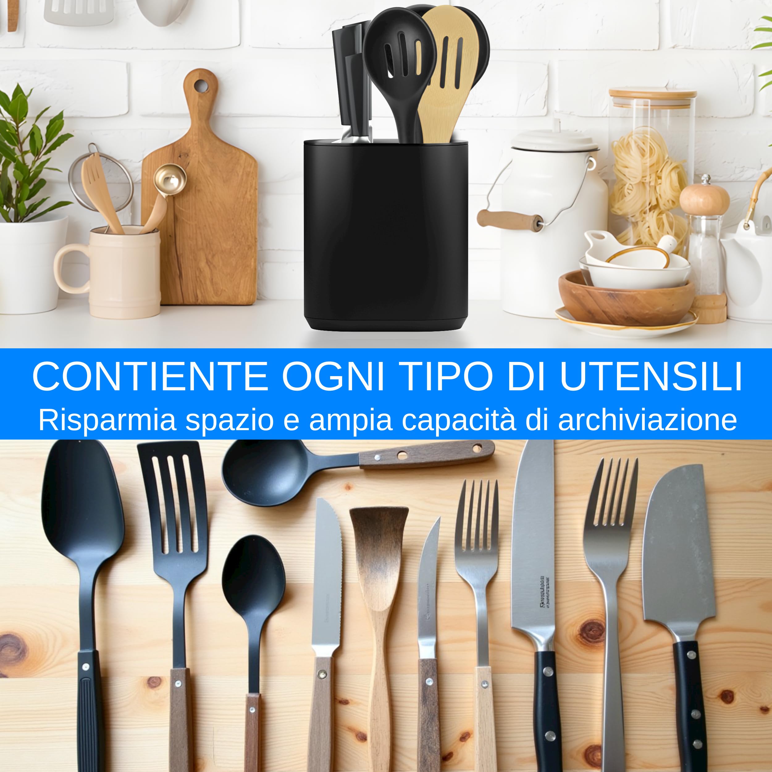 Porta Mestoli e Ceppo Coltelli da Cucina, Porta Utensili Moderno in Plastica Nero Opaco, Organizzatore per Coltelli e Mestoli, Design Compatto e Elegante