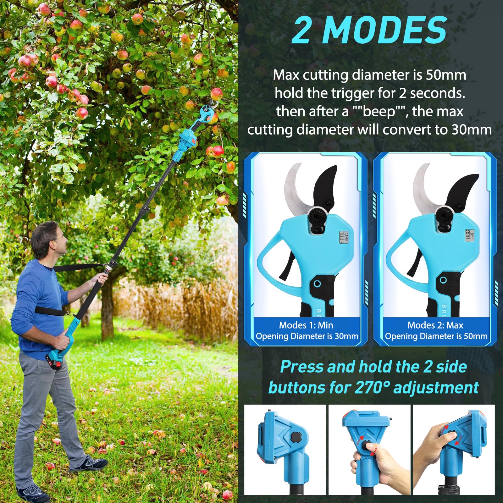 Tijeras de Podar Eléctricas 50mm, tijeras de podar telescópicas con Pértiga 2m- 2 Baterías 21V/2.0Ah, Pantalla Digital, 2 Hojas SK5, Ideal para Viñedos, Jardinería y Granjas (Azul Agua)