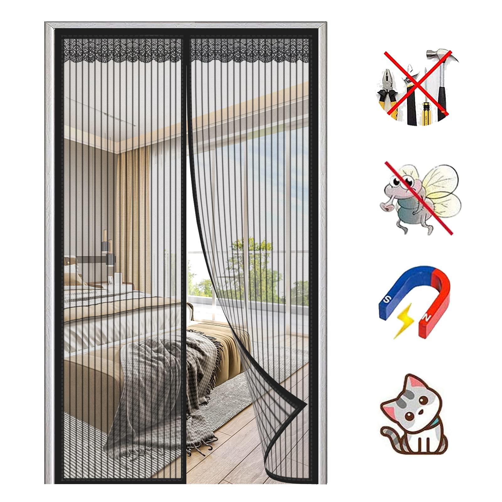 Magnet Fliegengitter Türvorhang – Selbstschließend, Ohne Bohren, Für Türen Bis 125x210 Cm, Schwarz