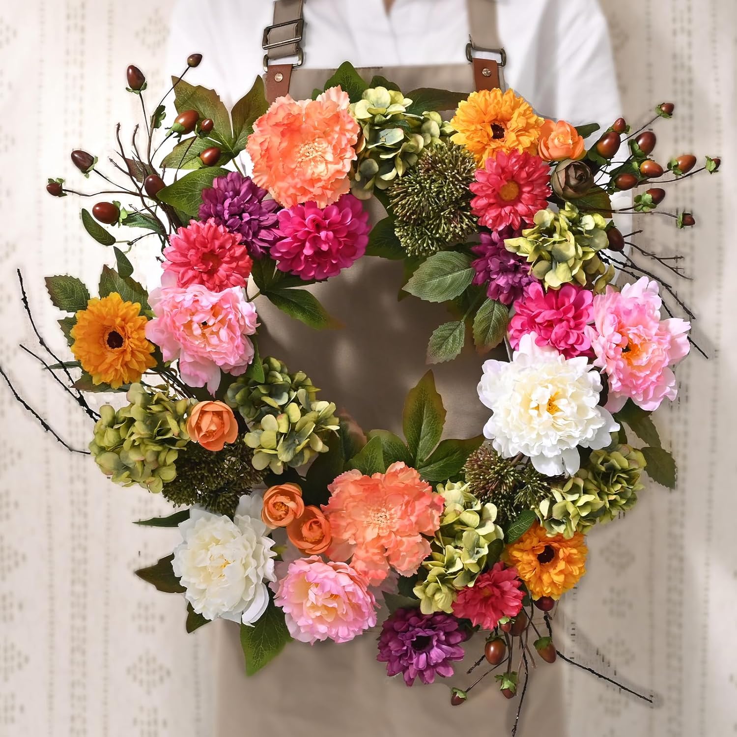 Spring Decor, Spring Wreaths for Front Door, 22 Inch Spring Front Door Wreath Indoors Outdoor Decor with Hydrangea, Peony, Floral Summer Wreaths for Front Door Outside All Season for Home Porch Decor