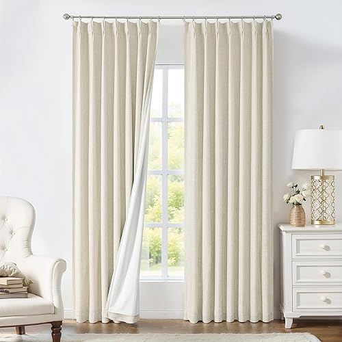 Pinch Pleat Full Blackout Curtain Panel Thermal Insulated Drapery with Blackout Liner for Farmhouse Living Room Bedroom Window Treatment Sets with Hooks, Sand/Linen, 40"x108"x2
