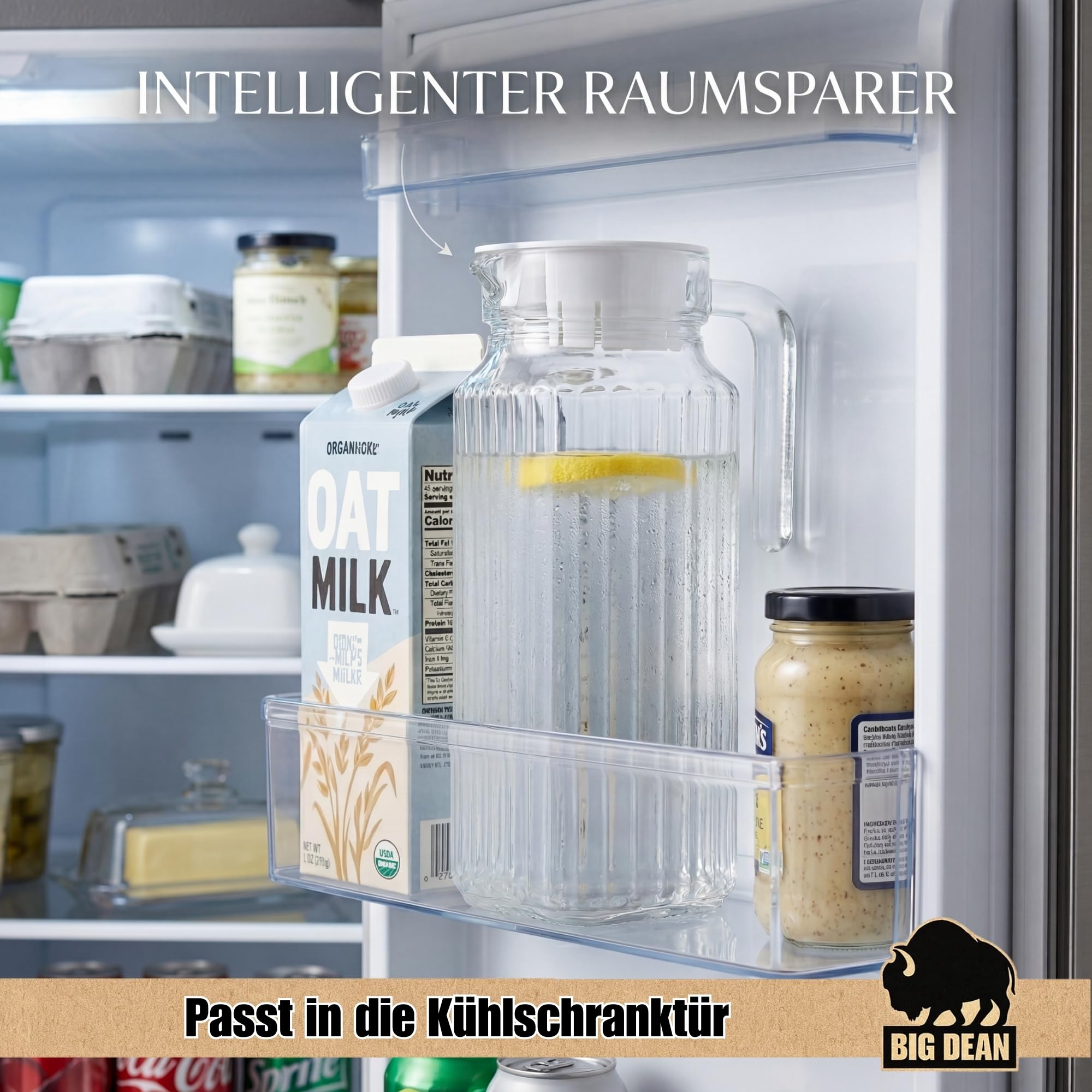 2 Stück Kühlschrankkrug 1,1 Liter Glas Wasserkrug mit Deckel ergonomischer Griff