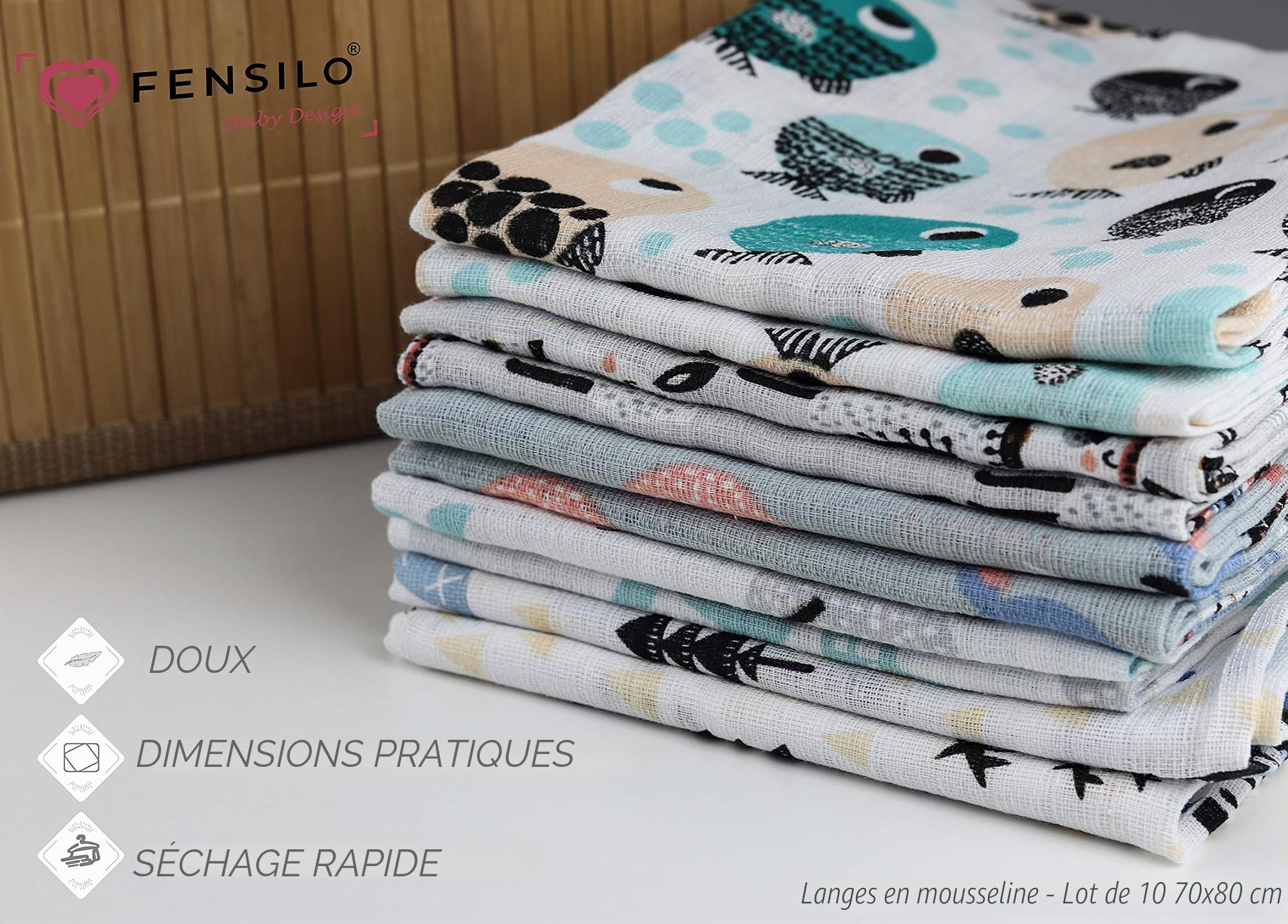 FENSILO,Chiffons en Gaze,Lot de 10 Couches 70x80 cm,Couches en Tissu, fabriquées en UE, certifiées sans substances nocives,Gris,Blanc