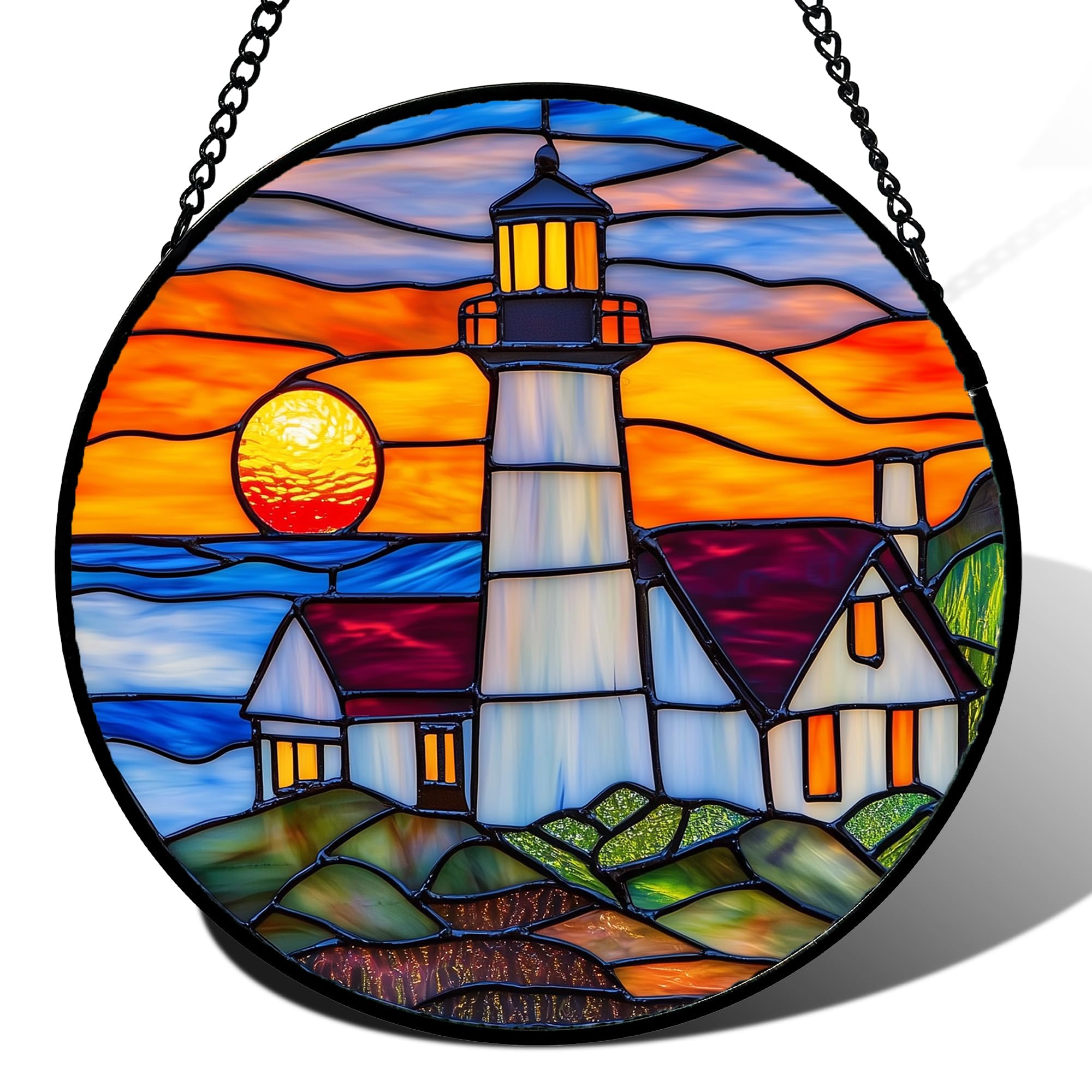 Stained Acrylic Puzzle Suncatcher,7.48in Sea‑Lighthouse Sunset‑Beach Scenery Window Decor Gift