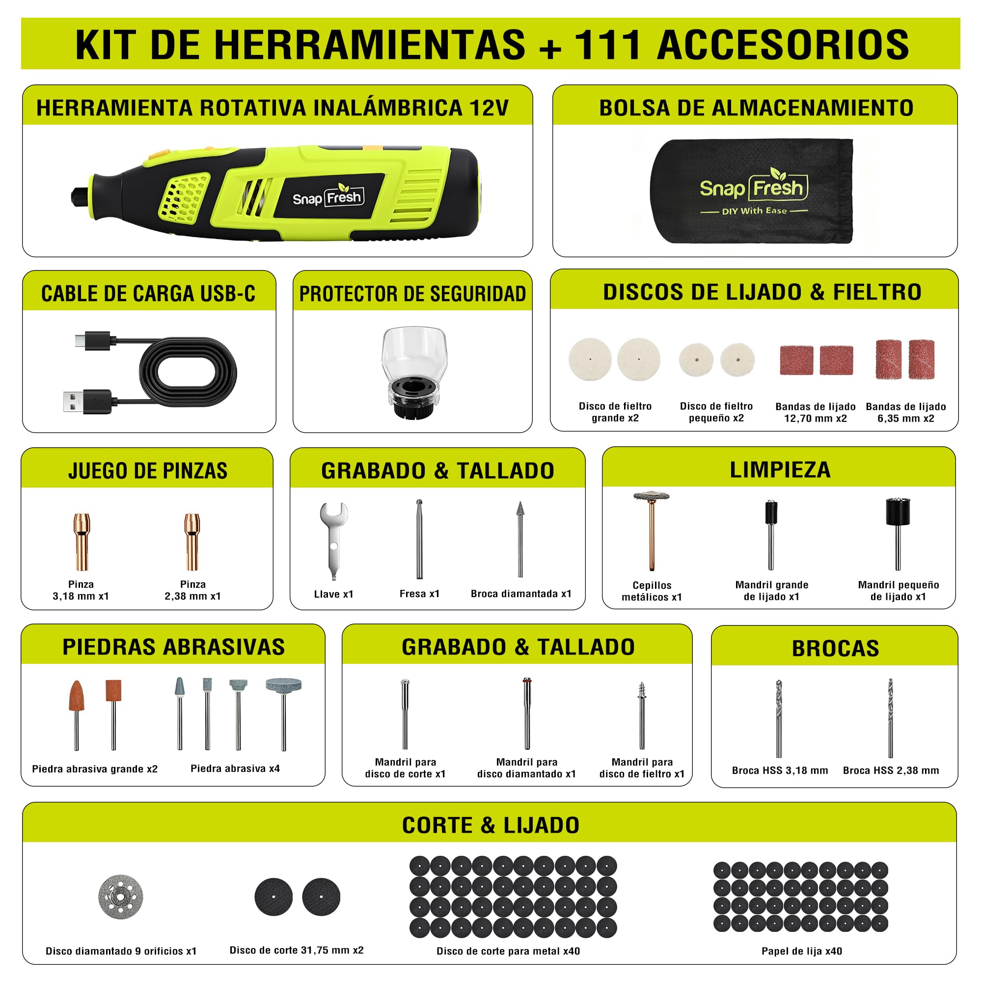 SnapFresh Herramienta Rotativa Inalámbrica 12V con Pantalla Digital, Multiherramienta con 32 Velocidades Ajustables (5000-32000 RPM), Kit Profesional con 111 Accesorios, Cargador Rápido y Maletín