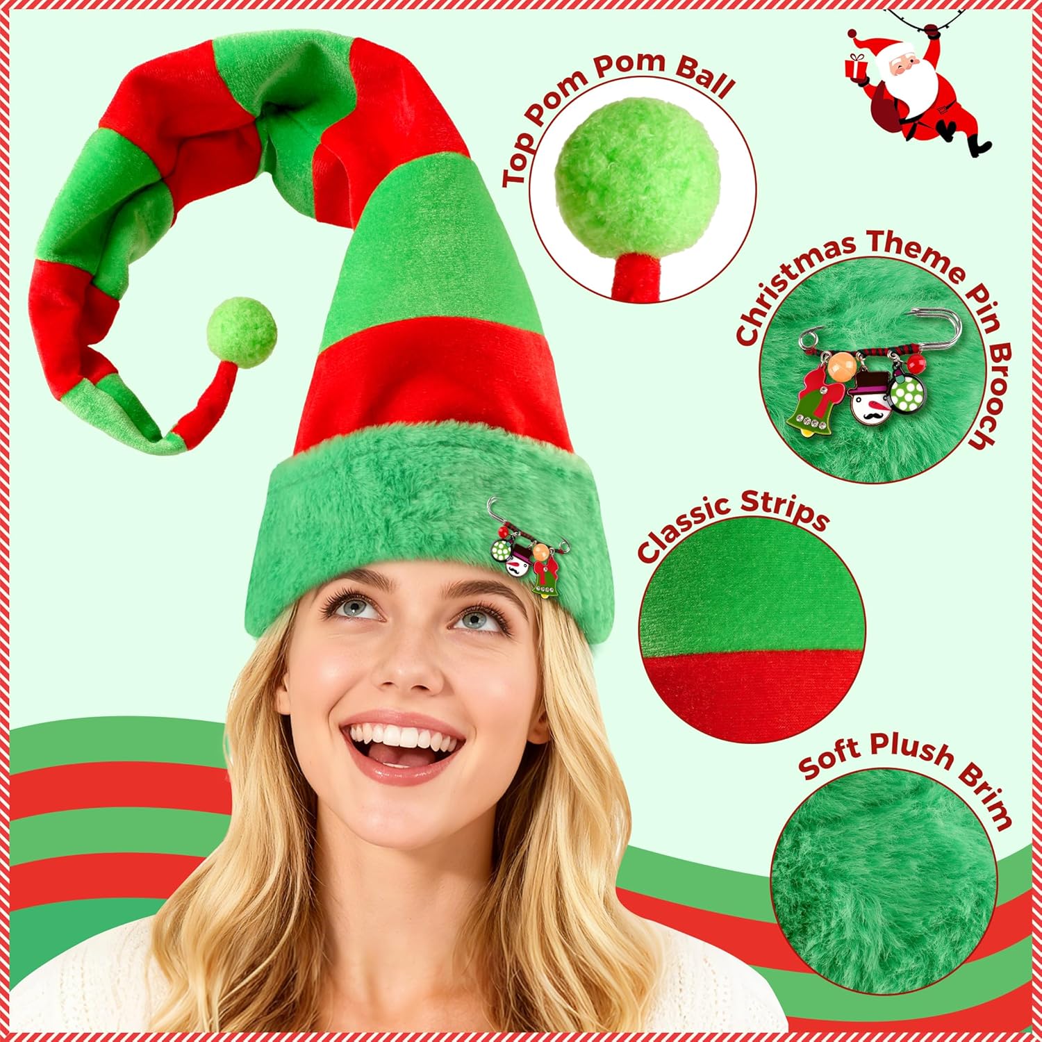 Christmas Elf Hat, Elf Santa Hats with Cute Brooch Pin, Red and Green Strips Elf Hats for Christmas Party - Image 2