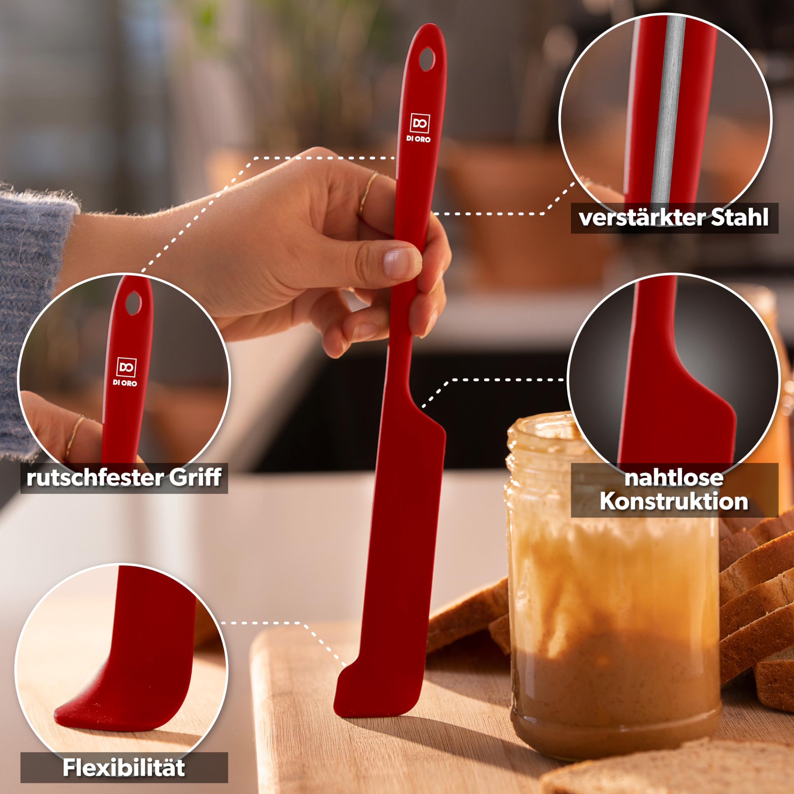 DI ORO Silikon-Glasspatel Zum Schaben - Gummispatel, Hitzebeständig - Küchenspatel, Antihaftbeschichtet, Kochgeschirrsicher - Utensilien-Set für Mixer & Backen (5pc, Schwarz)
