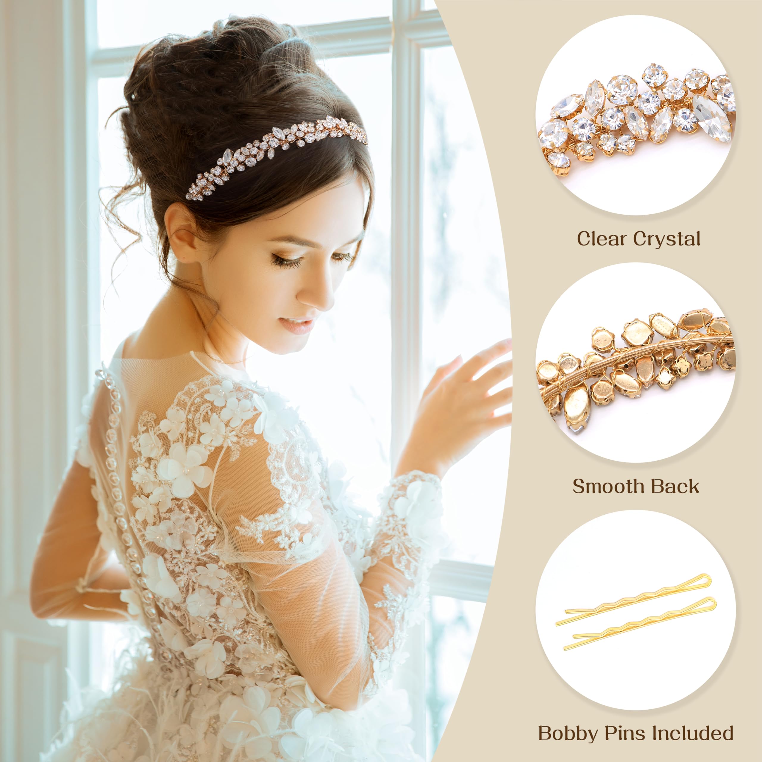 Oriamour Kristall-Hochzeits-Stirnband für Braut, Braut-Kopfschmuck für Mädchen, Strass-Haarband für Geburtstag, Party, Abschlussball (Gold)