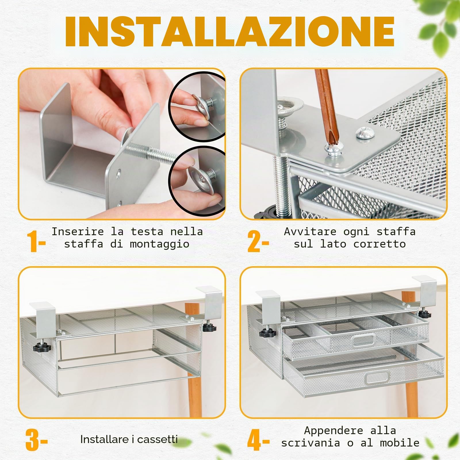 Cassetto sotto scrivania rinforzato 2 cassetti scorrevoli A4 organizer portaoggetti metallo