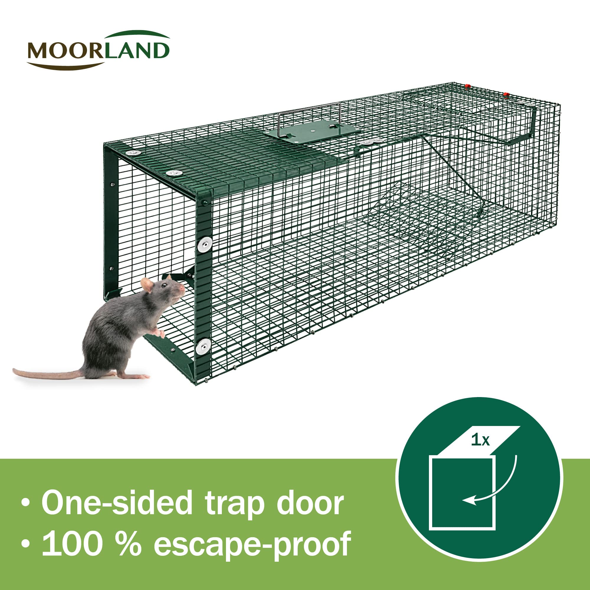 Moorland Trampa para Animales Vivos martas Gatos Zorros Conejos Entrada | 90x30x30cm con 1 estable caja puerta trampilla captura viva jaula Safe 5002