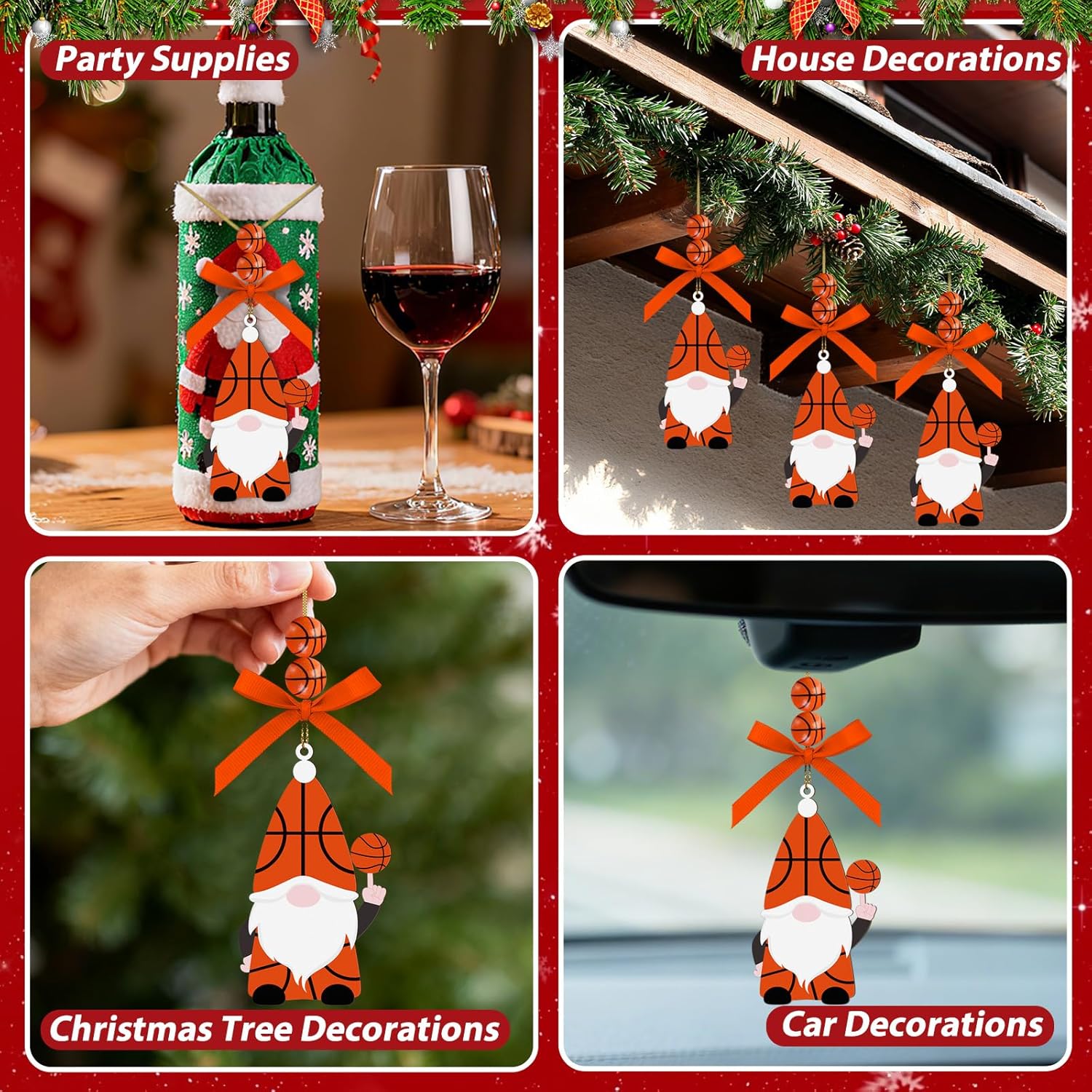 Christmas Gnome Basketball Ornaments, Wood Hanging Sports Christmas Tree Decorations with Sports Ball and Bow, Basketballs Gifts for Basketballs Lovers Fans Holiday Party Office Indoor Car Supplies - Image 5