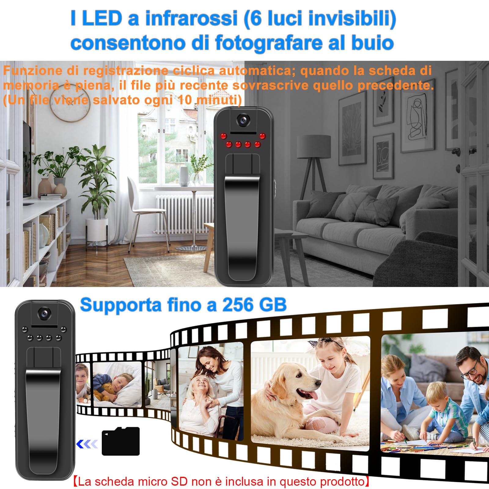 TANGMI Spy Cam 1080P, Body Cam, Visione Notturna, 180°, Mini Camera | Micro Camera, Micro Telecamera, Clip-on, Registrazione Audio, Loop, 150 Min, 27g, Riunioni Equitazione Animali, Cavo