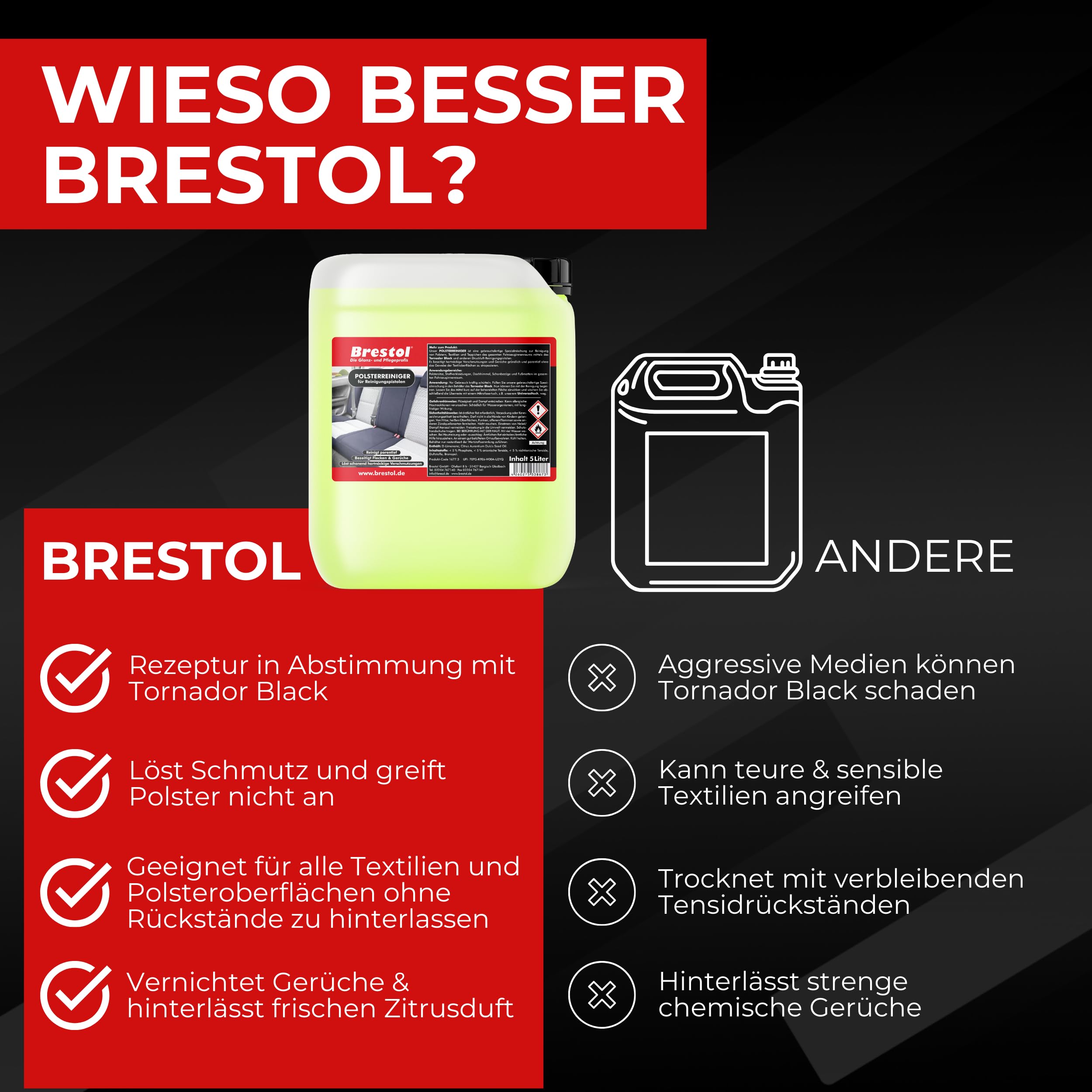Brestol® Limpiador de tapicería para pistolas de limpieza, 15 litros, listo para usar, limpiador de alfombras, limpiador de tela, limpiador de asientos de techo, limpiador textil, limpiador de