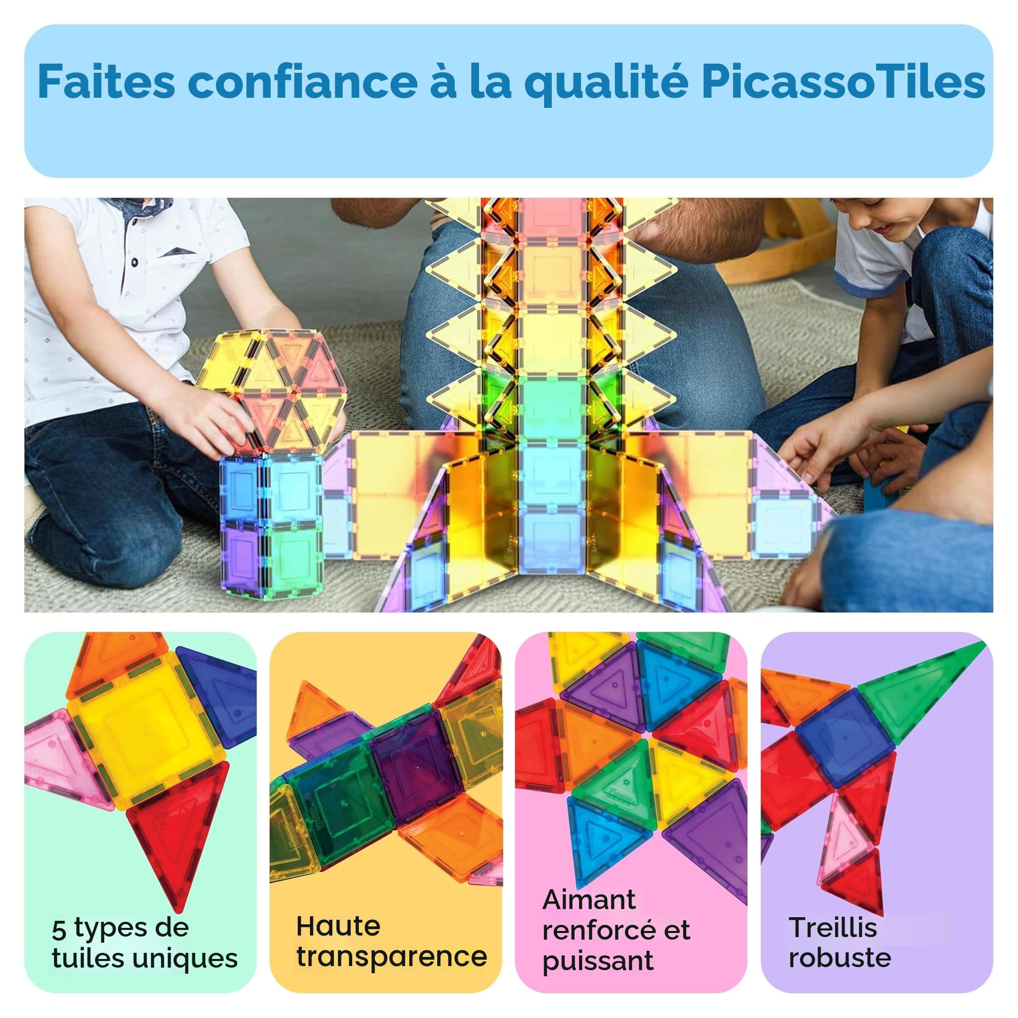 PicassoTiles PT100 Lot de 100 planches de jeu magnétiques pour enfants manipulables d'apprentissage préscolaire Blocs de construction STEM sensoriels créatifs