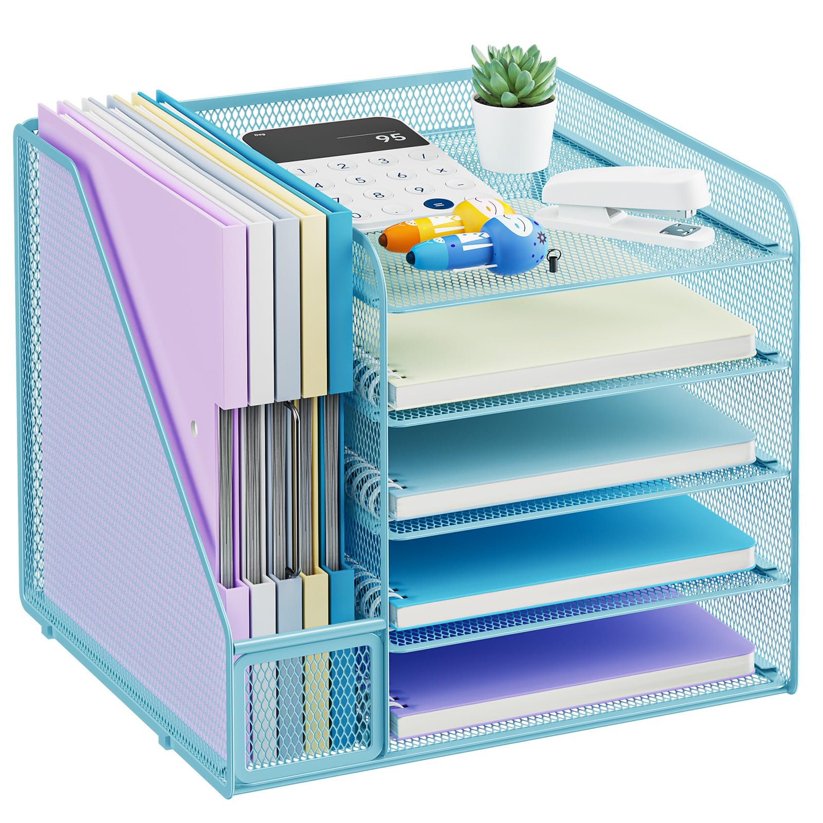 Marbrasse Bureau Organizer,4-Laags Papierbakken met 1 Hangende Pennenhouder en 6 Verdeelde Lade,Opbergrek van Gaas voor Papieren Documenten,Bureau Tijdschriftenhouder voor Thuiskantoor (Wit