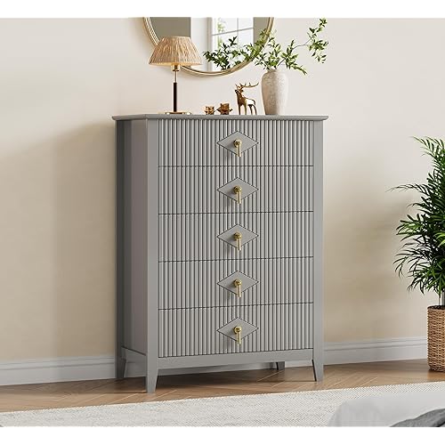Garvee Dresser for Bedroom with 5 Drawers, 32" Wide Modern Chest of Drawers with Metal Handle, Dresser TV Stand, Wood Drawer Organizer for Bedroom, Living Room, Hallway