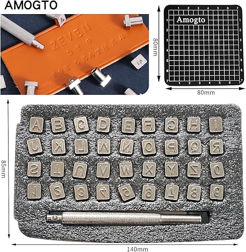 Miniatura 7 de Amogto Herramientas de estampado de cuero, kit de estampado de cuero del alfabeto, 38 herramientas de artesanía de cuero, 26 letras mayúsculas y 10