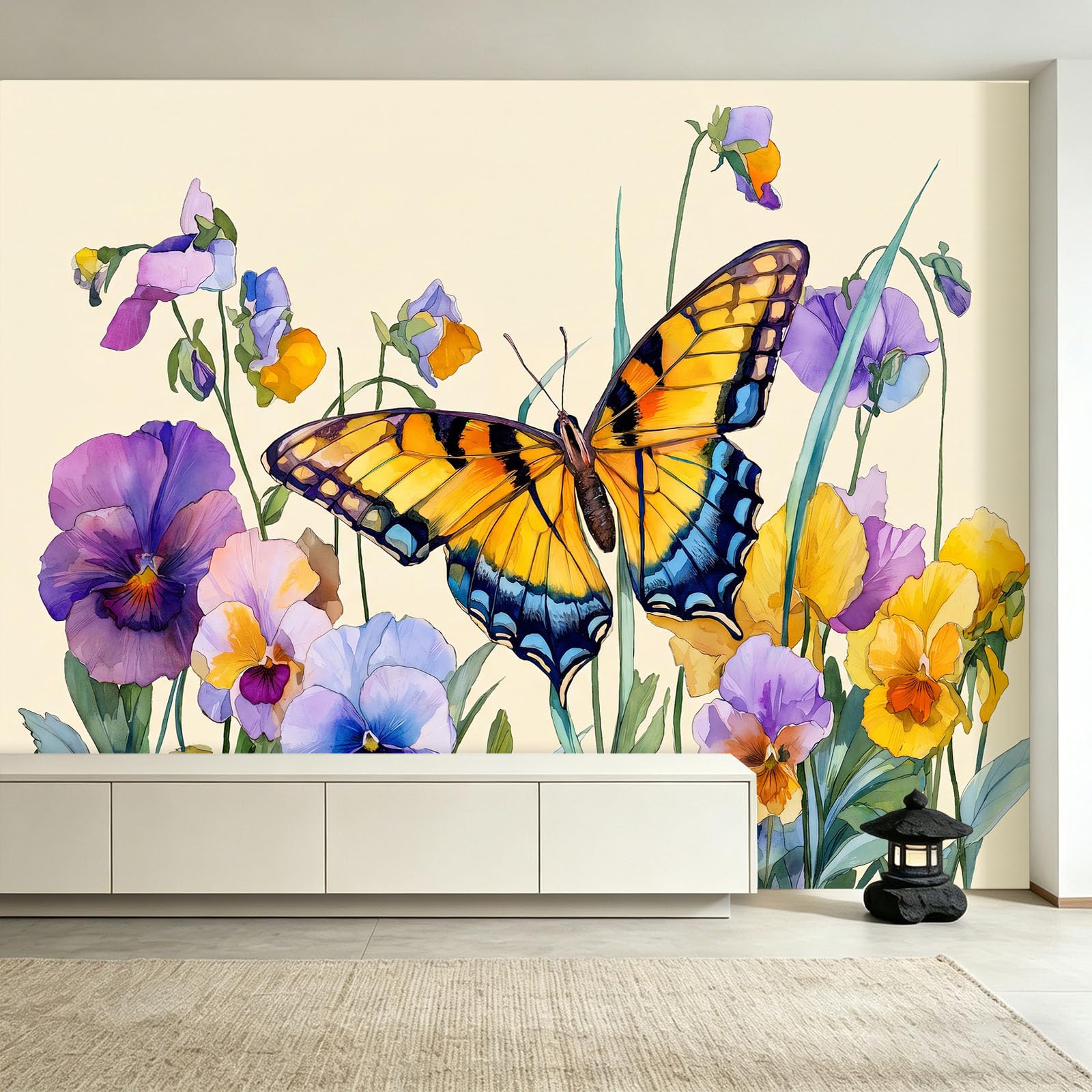 Motyl kwiatowe liście mural tapeta 200 x 140 cm (szer. x wys.), dekoracja ścienna, akwarela, estetyczny design, dla nastolatków, dzieci, sypialni, pokoju zabaw, dekoracja domu, tapeta