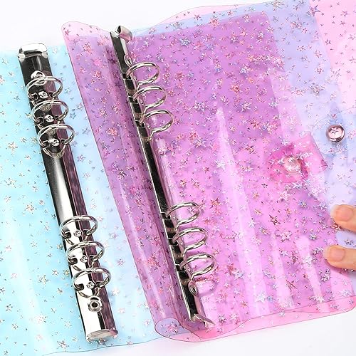 Miniatura 6 de NEWEST Paquete de 2 carpetas de 6 anillos, carpeta A5 con purpurina con cierre de botón a presión, cuaderno de carpetas de hojas sueltas (azul y