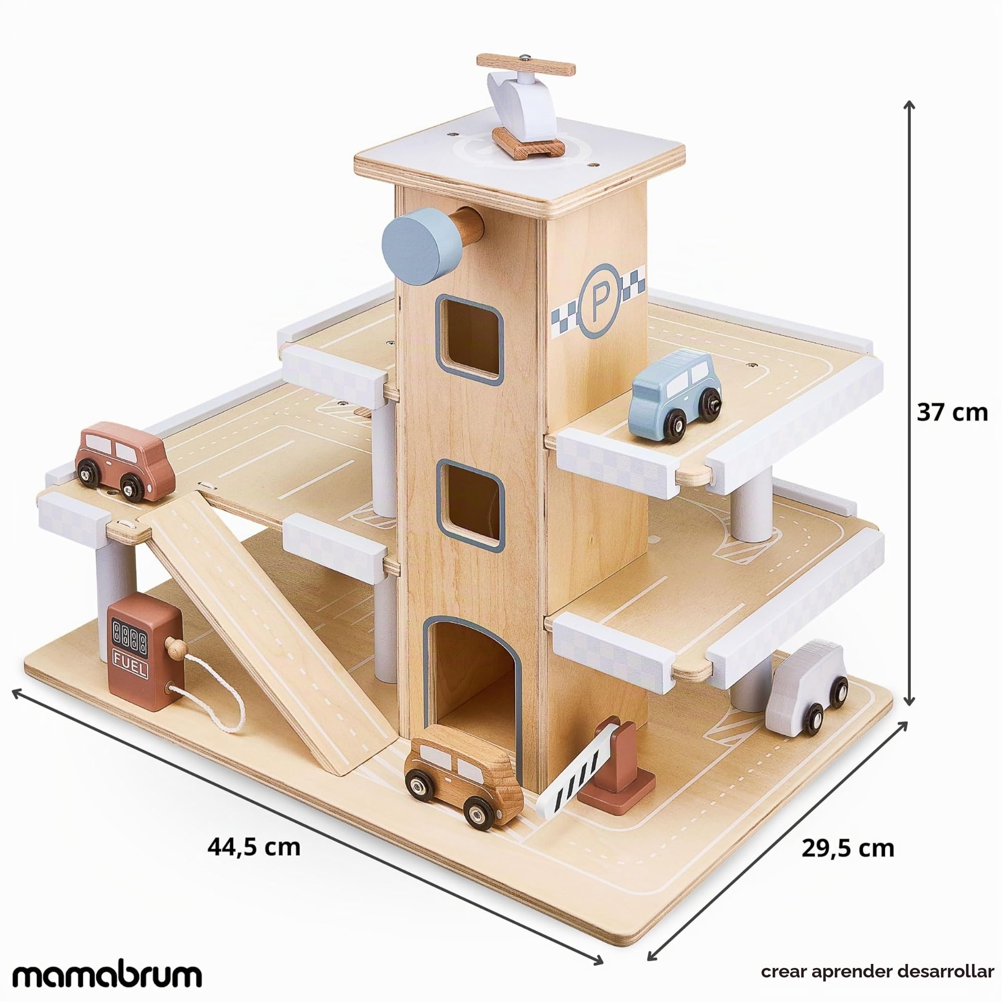 Mamabrum Garaje Coches Juguete de Madera con 3 Niveles - Estacionamiento Infantil con Ascensor Móvil, Pista de Aterrizaje y Accesorios - Set Completo 4 Autos y Helicóptero - 45x30x37cm