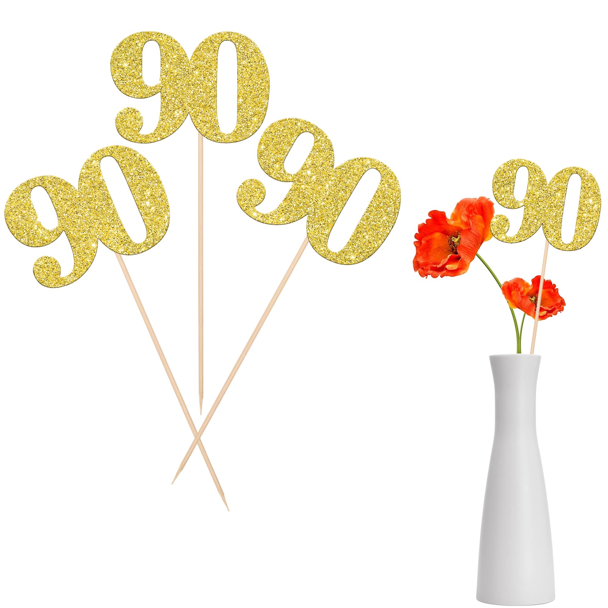 12 PCS Glitter Number 90 Centerpiece Sticks 90th Birthday Cake Toppers Ninety Table Flower Topper Decorations for 75th Birthday Anniversary Party Centerpiece Supplies Gold