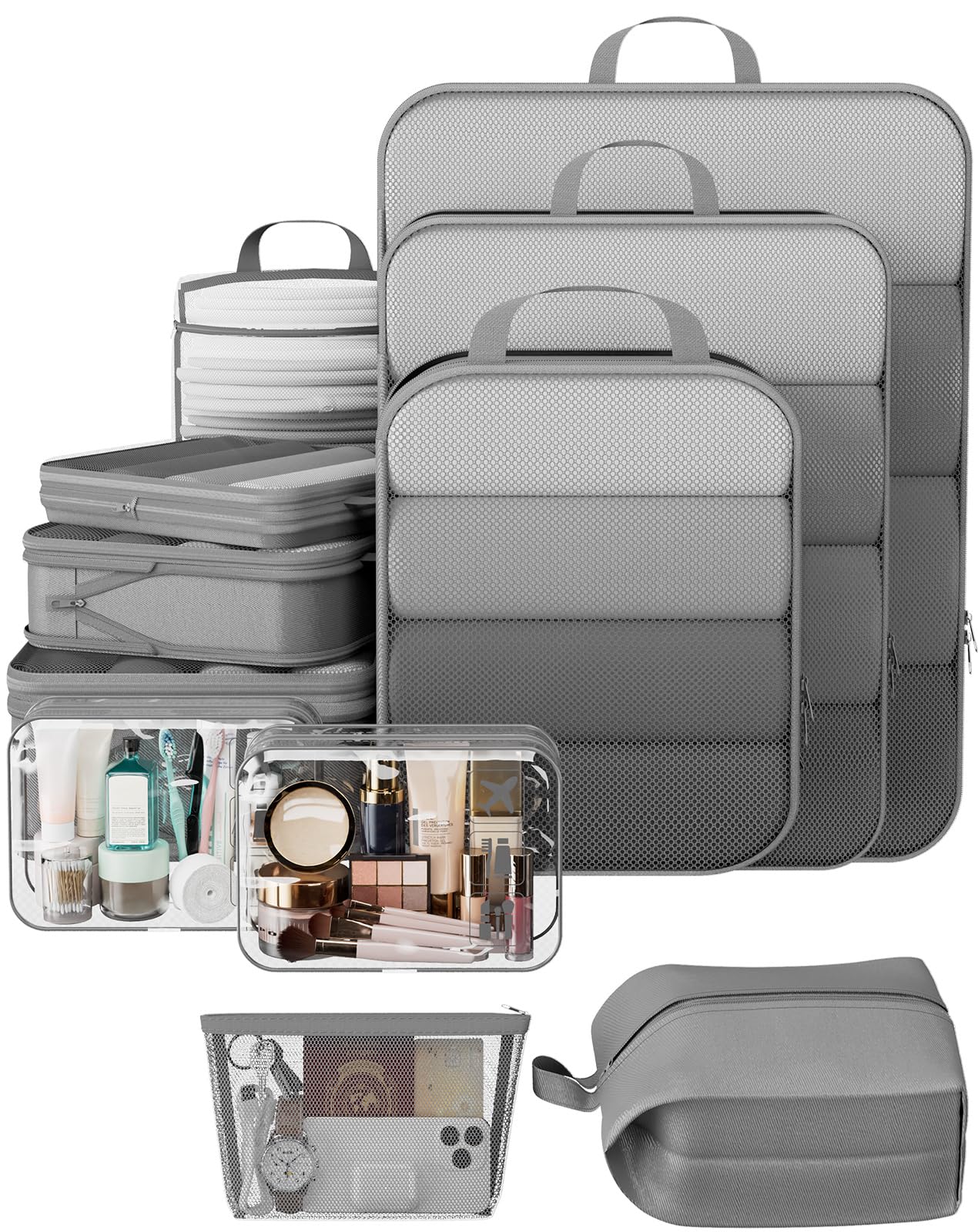 Veken 11 Set Compression Packing Cubes for Travel Essentials,Compressible Expandable Large Luggage Suitcase Organizer Bags for Clothing,Durable Space