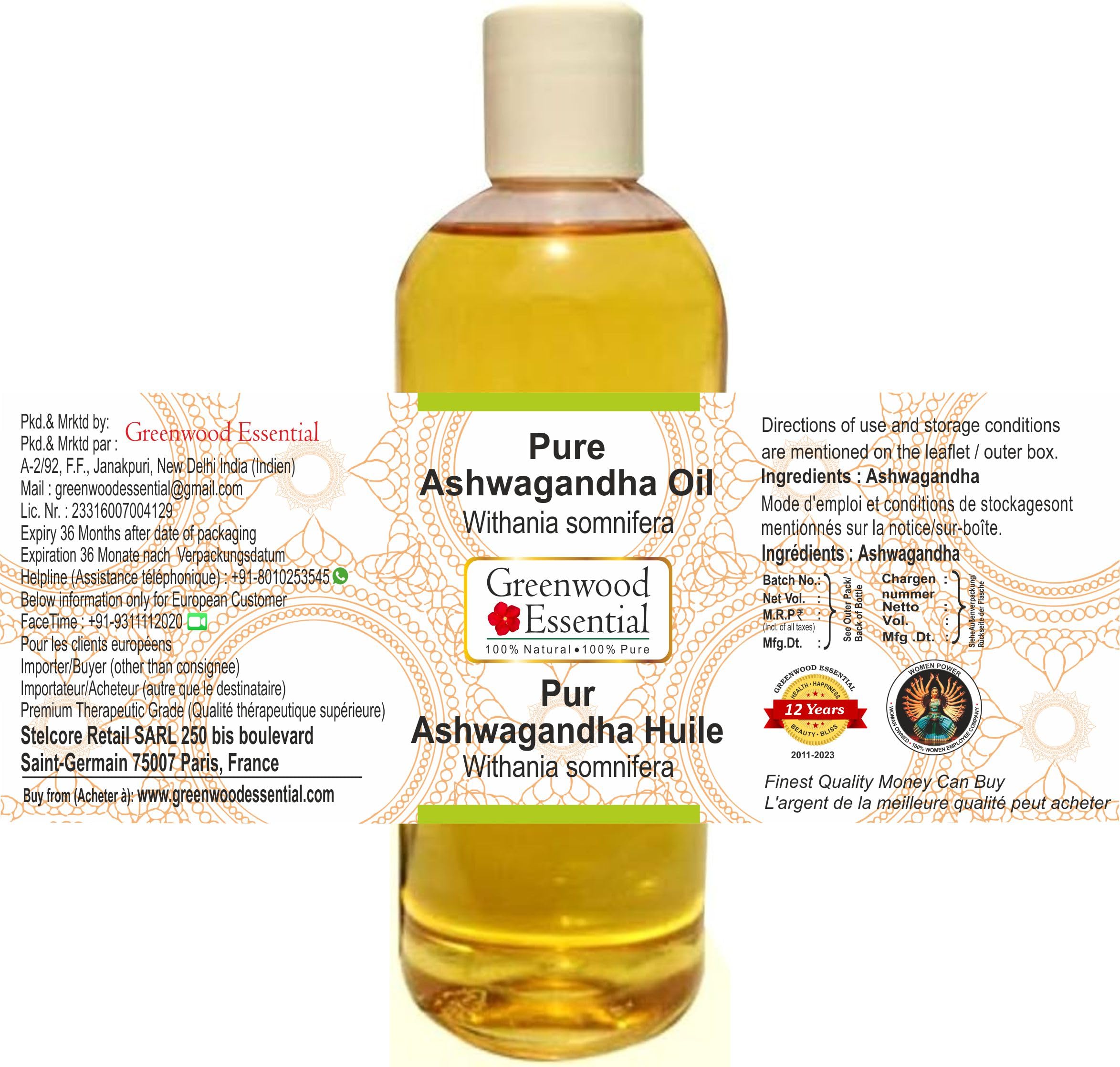 Greenwood Essential Naturreine Ashwagandha-Öl (Withania somnifera) Natürliche therapeutische Qualität 200ml (6.76 oz)
