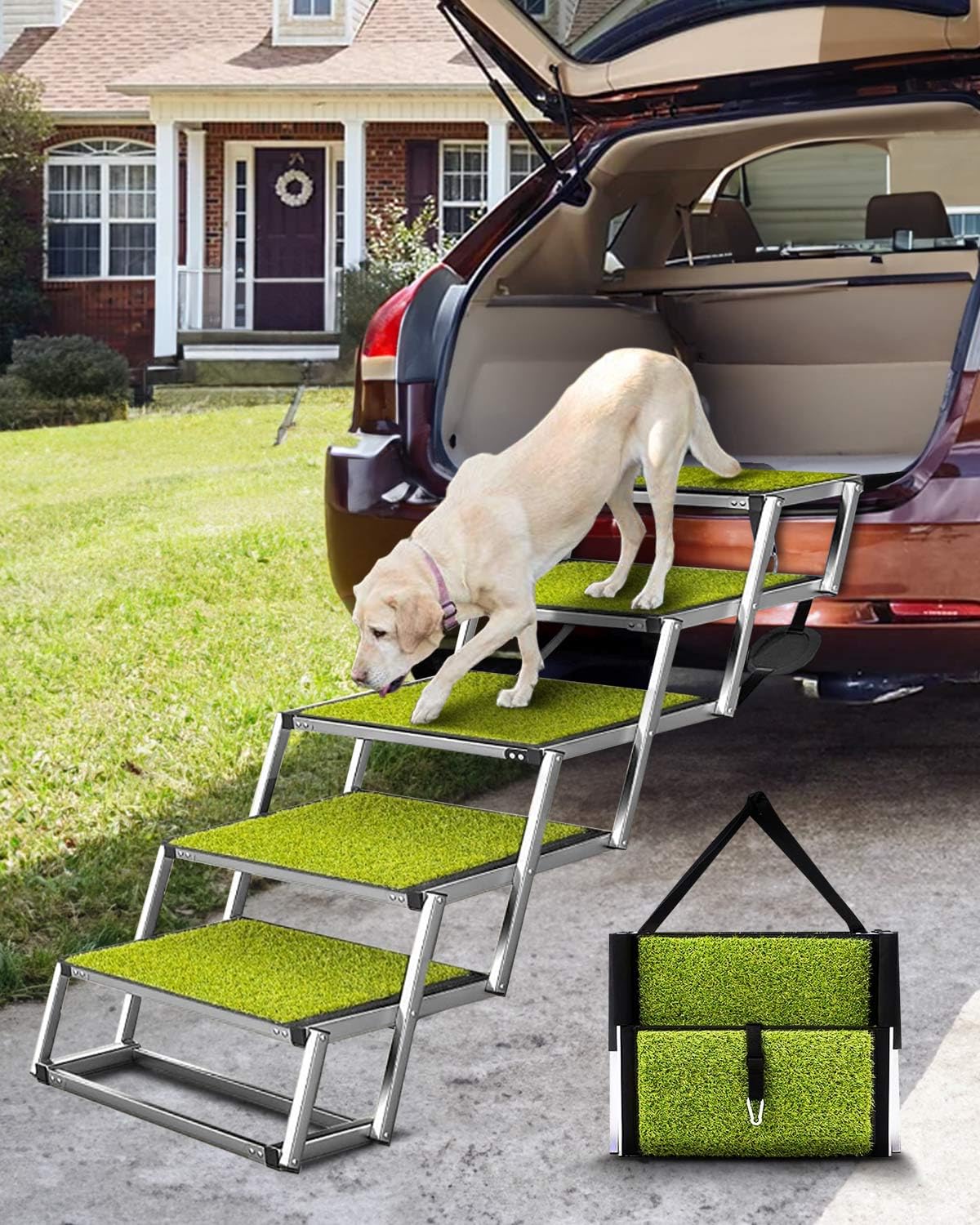Foldable Dog Car Ramp for Large Dogs, 5 Steps Portable Large Dog Steps for Car Truck SUV High Bed, Aluminum Dog Stairs with Grass Padded, Outdoor Dog Ramp Stairs for Dogs Max Up to 200lbs